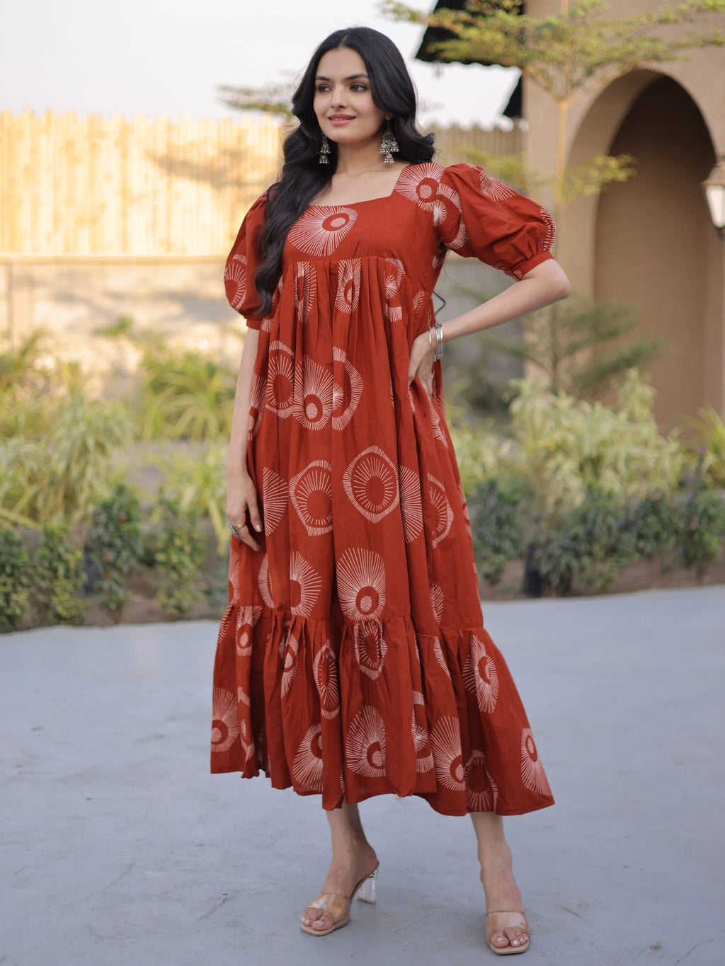 Rust Glorious Printed Cotton Office Wear Dress