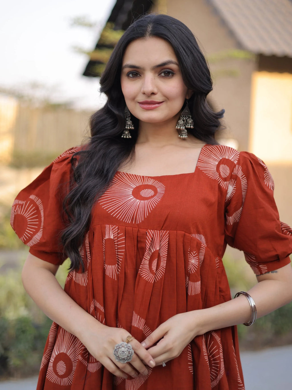 Rust Glorious Printed Cotton Office Wear Dress