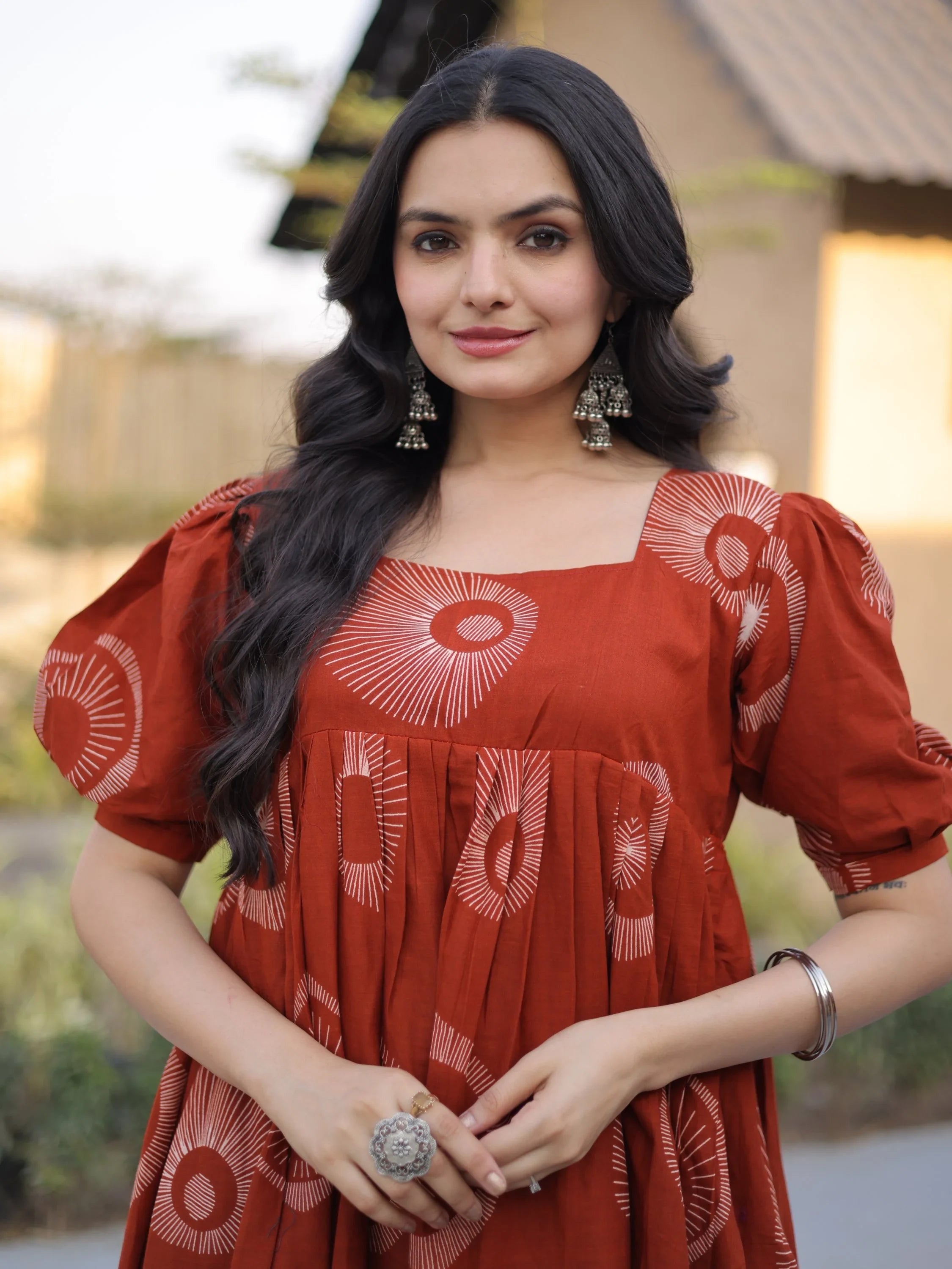 Rust Glorious Printed Cotton Office Wear Dress