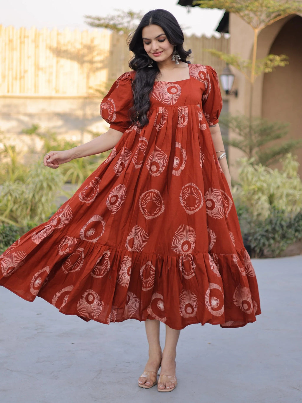 Rust Glorious Printed Cotton Office Wear Dress