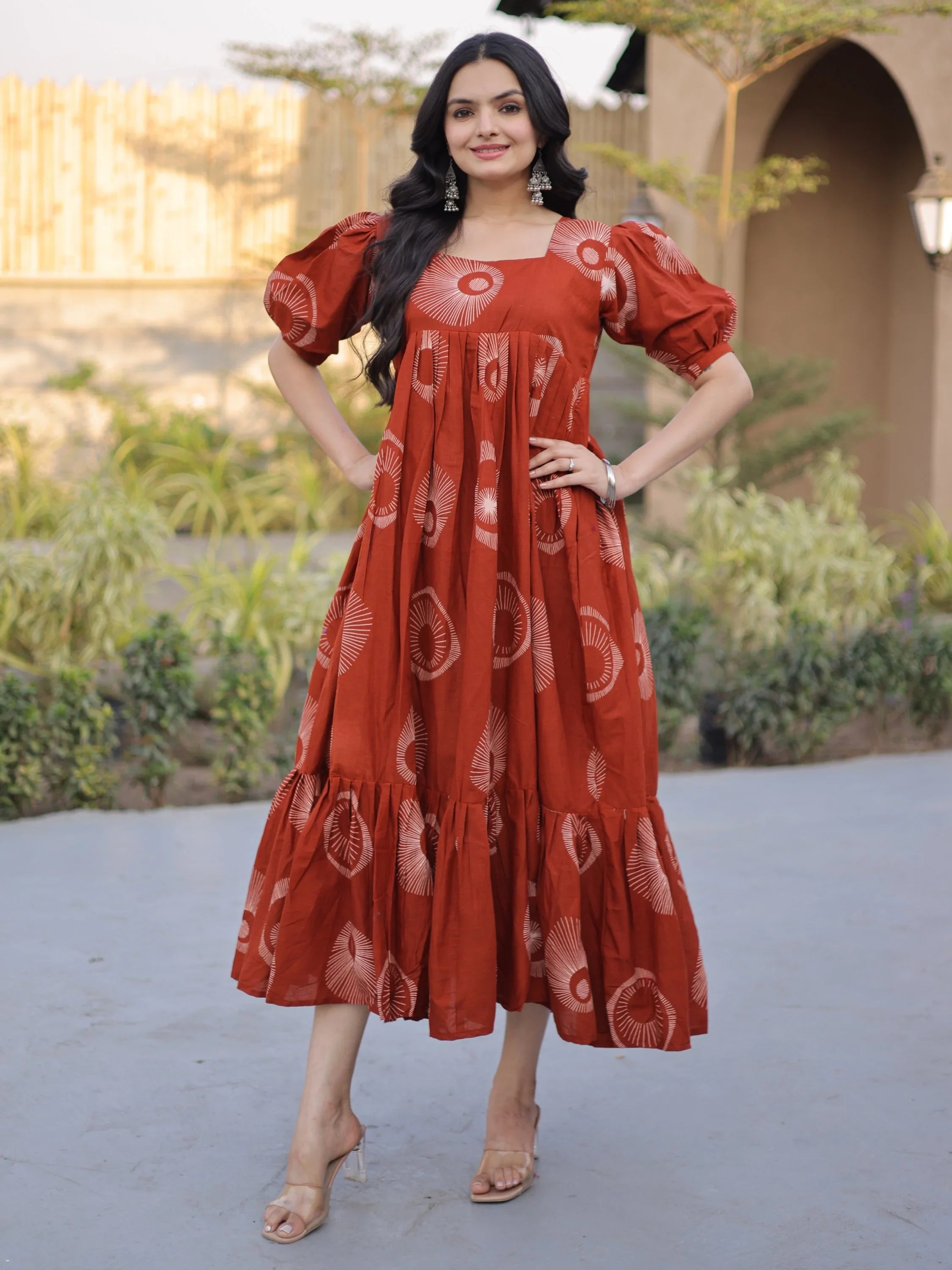 Rust Glorious Printed Cotton Office Wear Dress