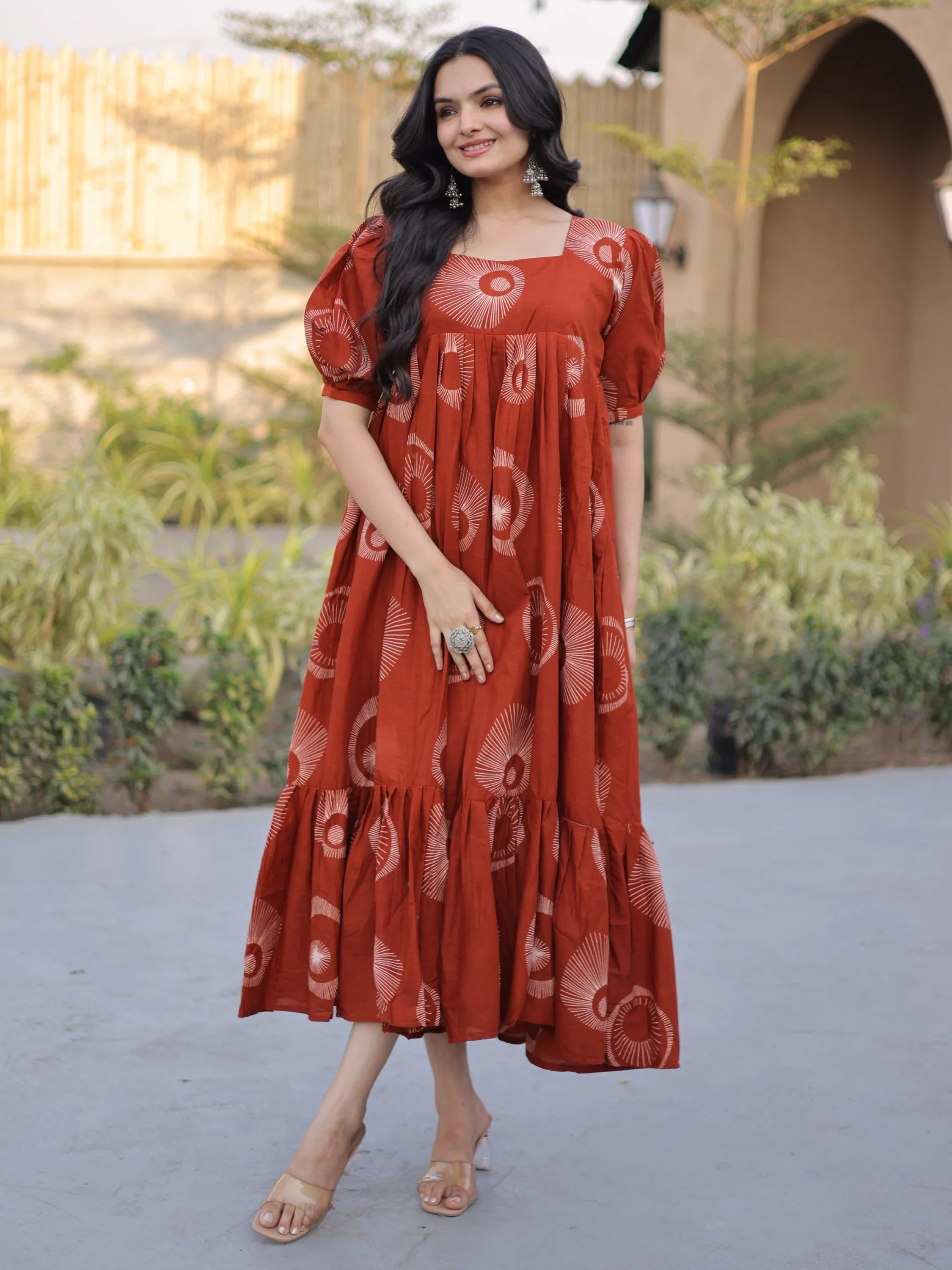 Rust Glorious Printed Cotton Office Wear Dress
