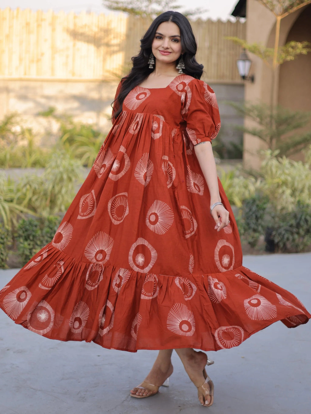 Rust Glorious Printed Cotton Office Wear Dress