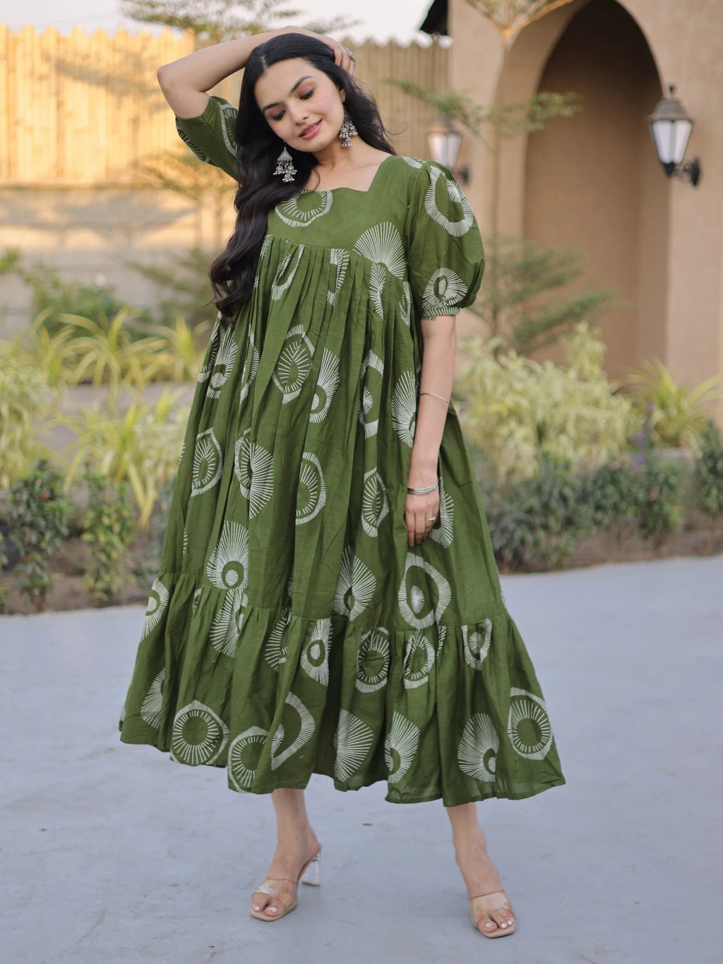 Green Glorious Printed Cotton Office Wear Dress