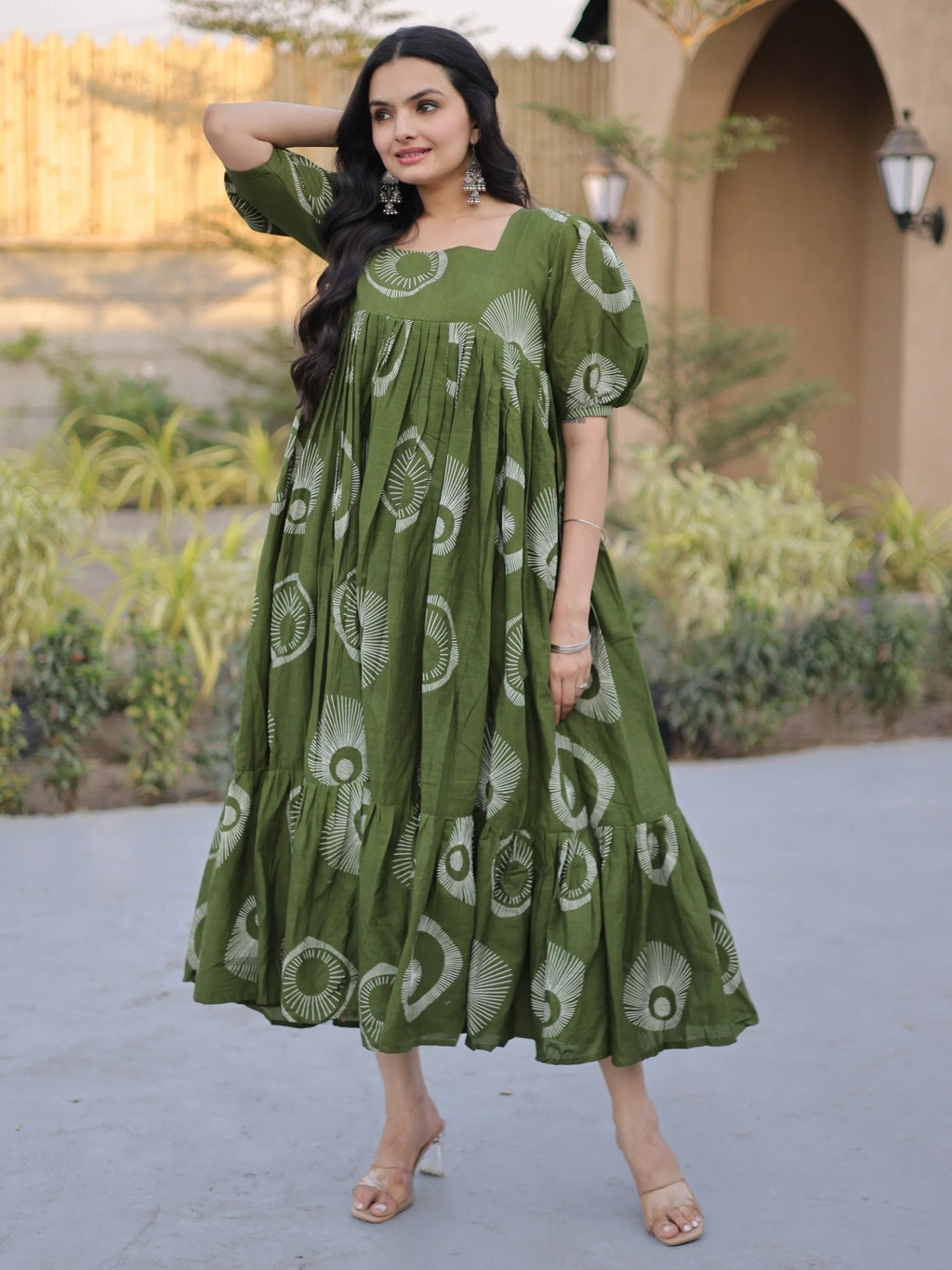 Green Glorious Printed Cotton Office Wear Dress