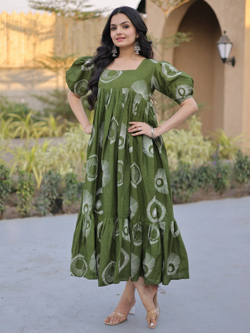 Green Glorious Printed Cotton Office Wear Dress
