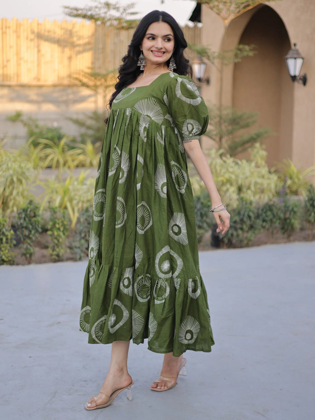 Green Glorious Printed Cotton Office Wear Dress