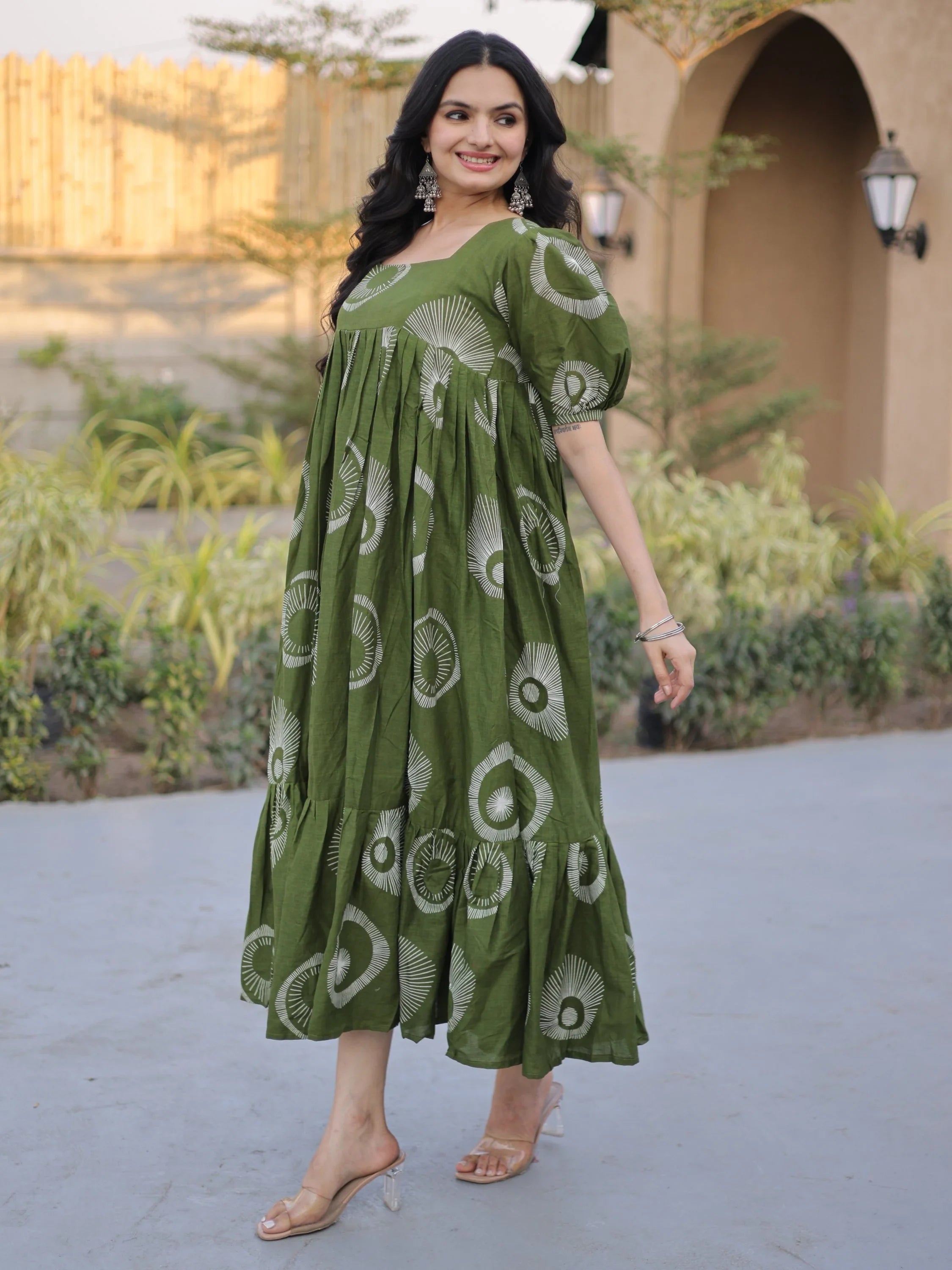 Green Glorious Printed Cotton Office Wear Dress