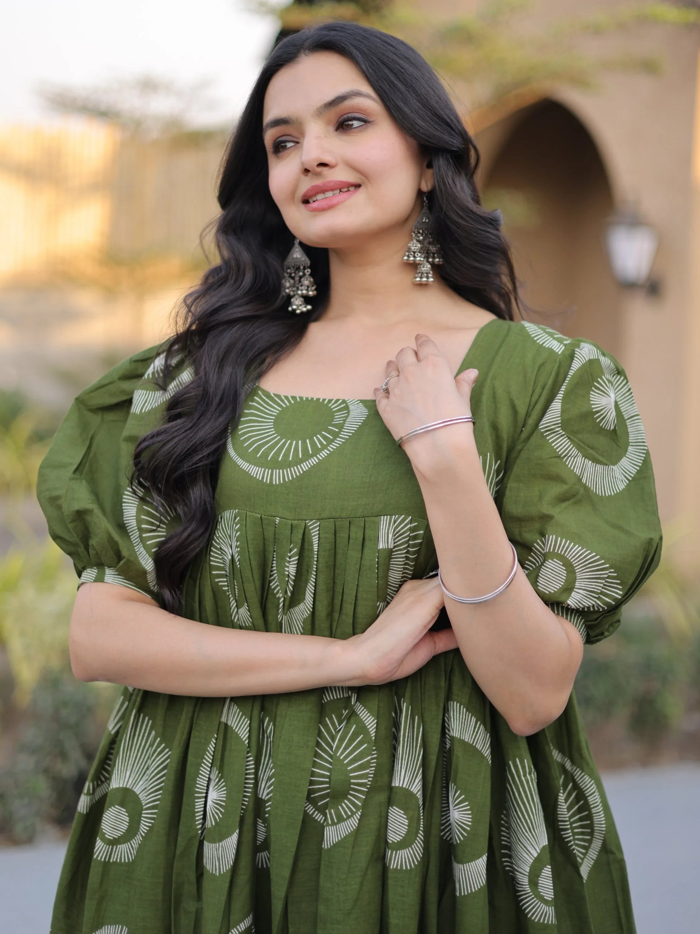 Green Glorious Printed Cotton Office Wear Dress