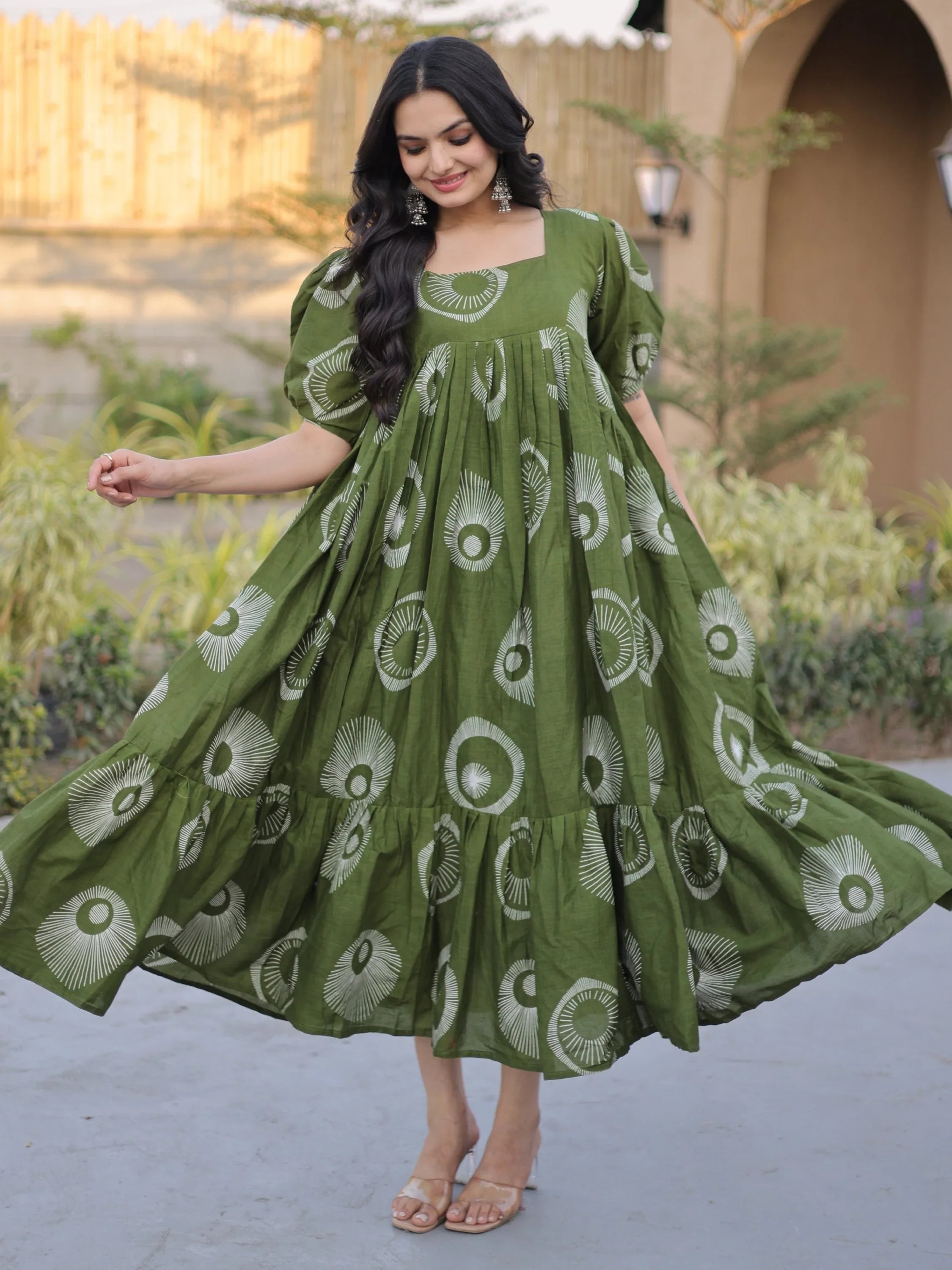 Green Glorious Printed Cotton Office Wear Dress