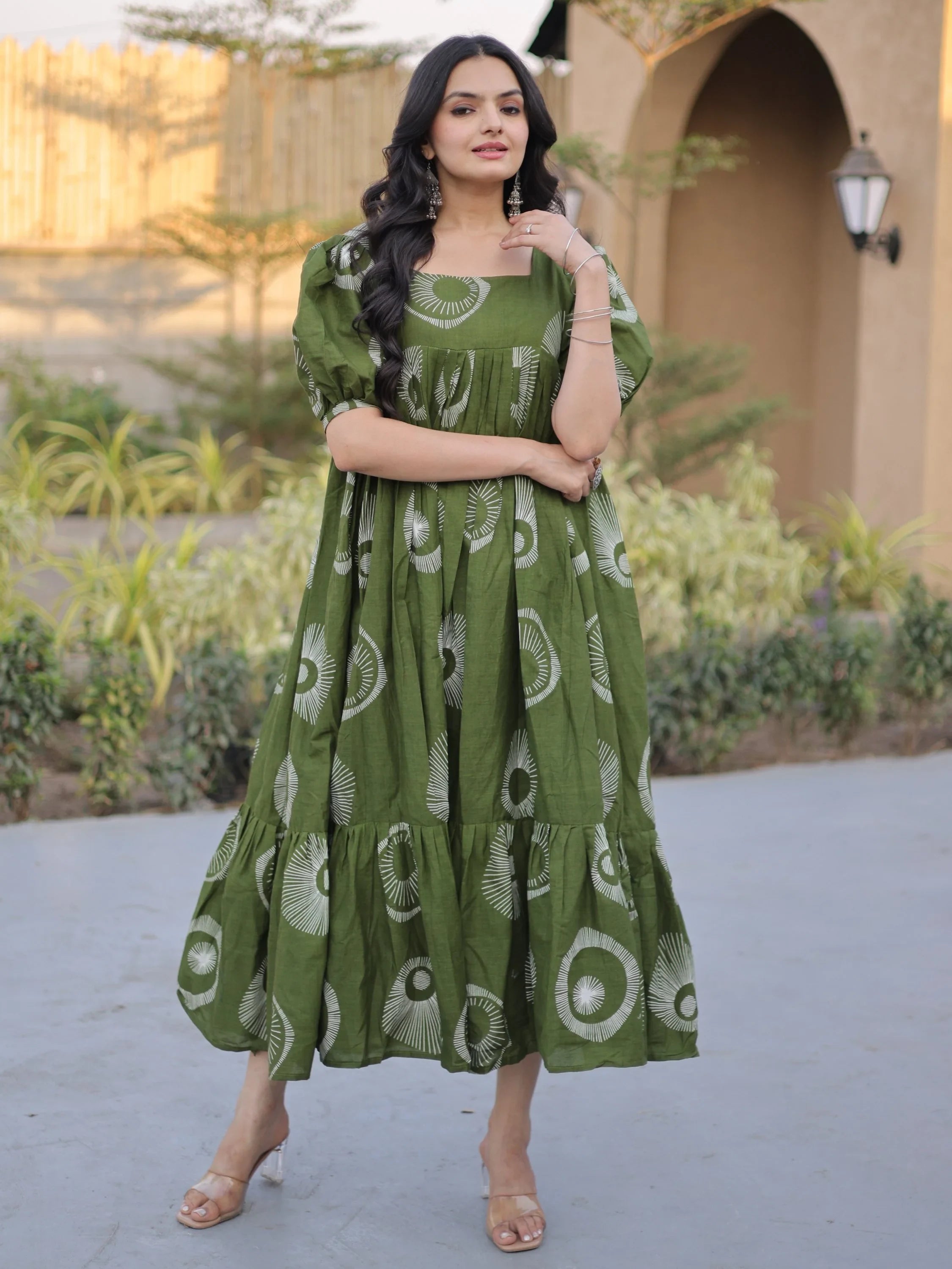 Green Glorious Printed Cotton Office Wear Dress