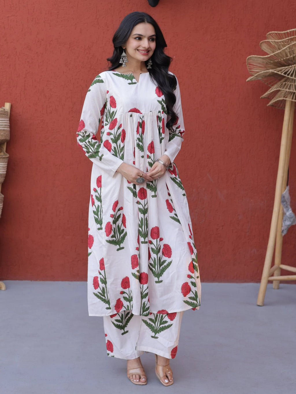 Pink Dazzling Floral Printed Cotton Casual Wear Kurti With Pant