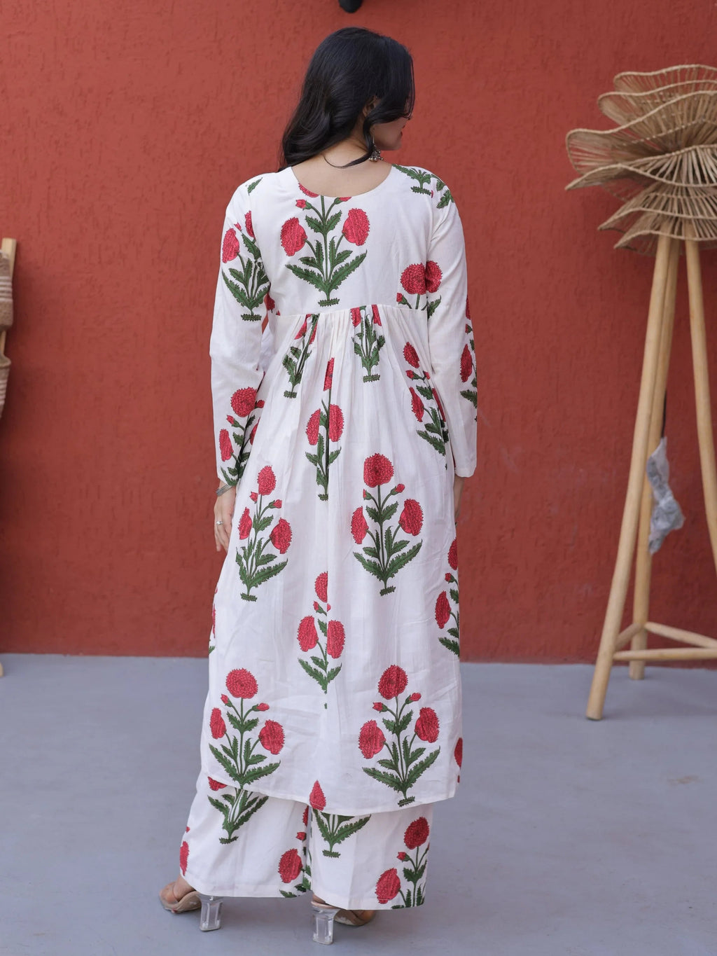 Pink Dazzling Floral Printed Cotton Casual Wear Kurti With Pant