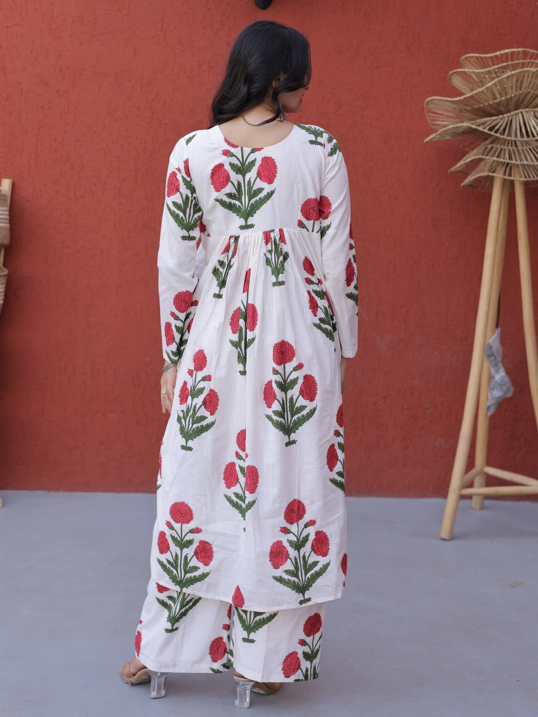 Pink Dazzling Floral Printed Cotton Casual Wear Kurti With Pant
