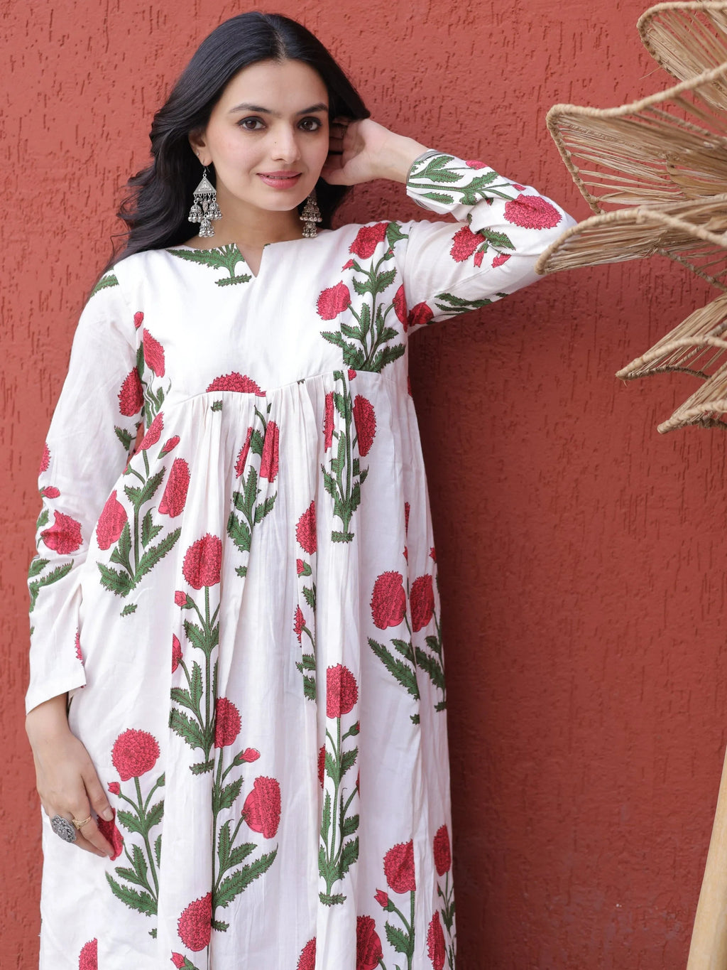 Pink Dazzling Floral Printed Cotton Casual Wear Kurti With Pant