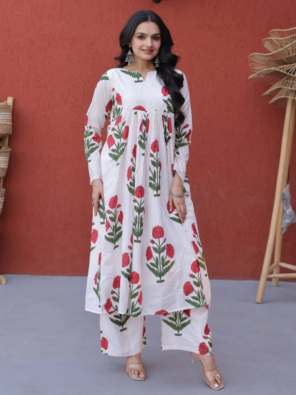 Pink Dazzling Floral Printed Cotton Casual Wear Kurti With Pant