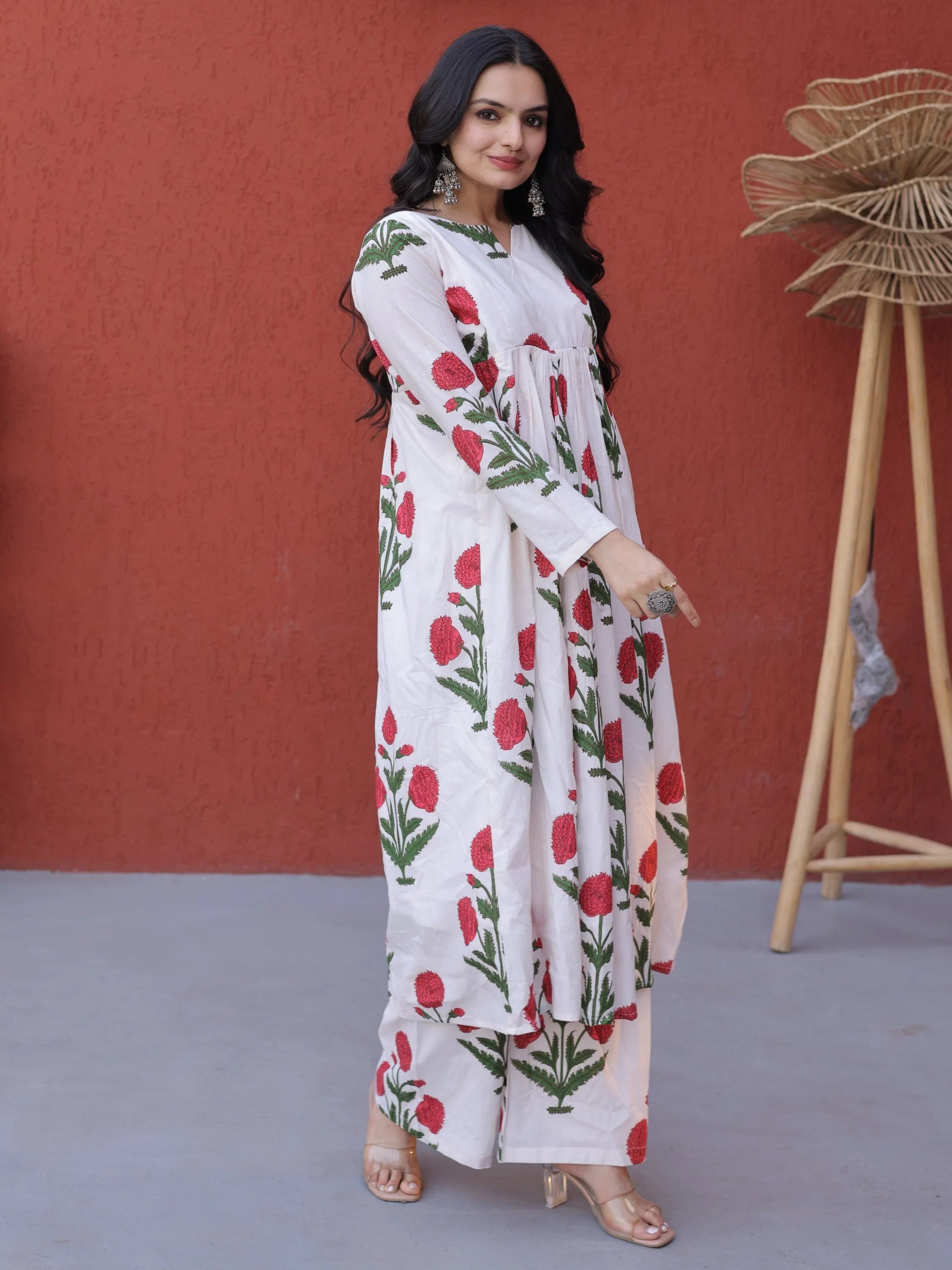 Pink Dazzling Floral Printed Cotton Casual Wear Kurti With Pant