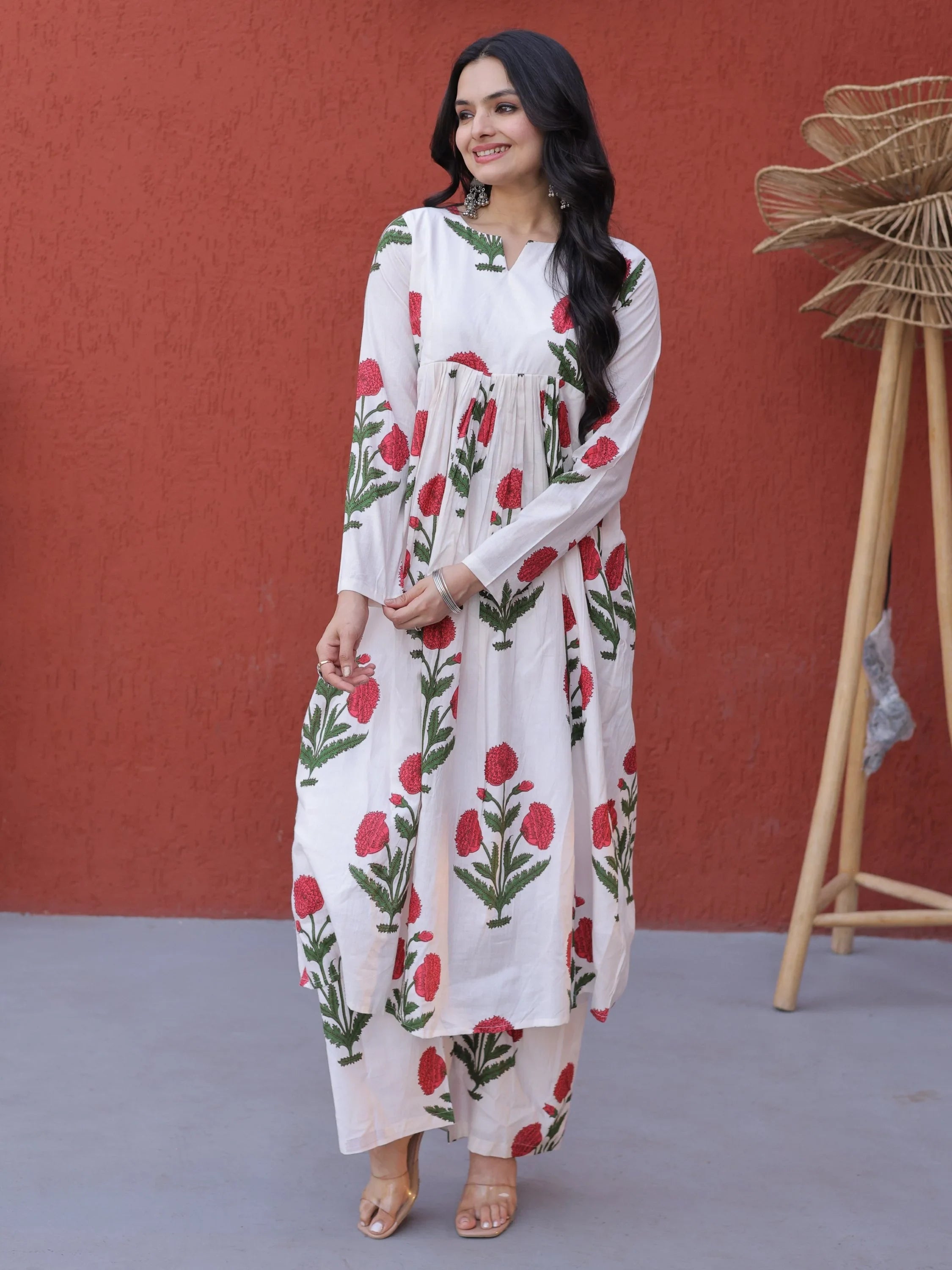 Pink Dazzling Floral Printed Cotton Casual Wear Kurti With Pant