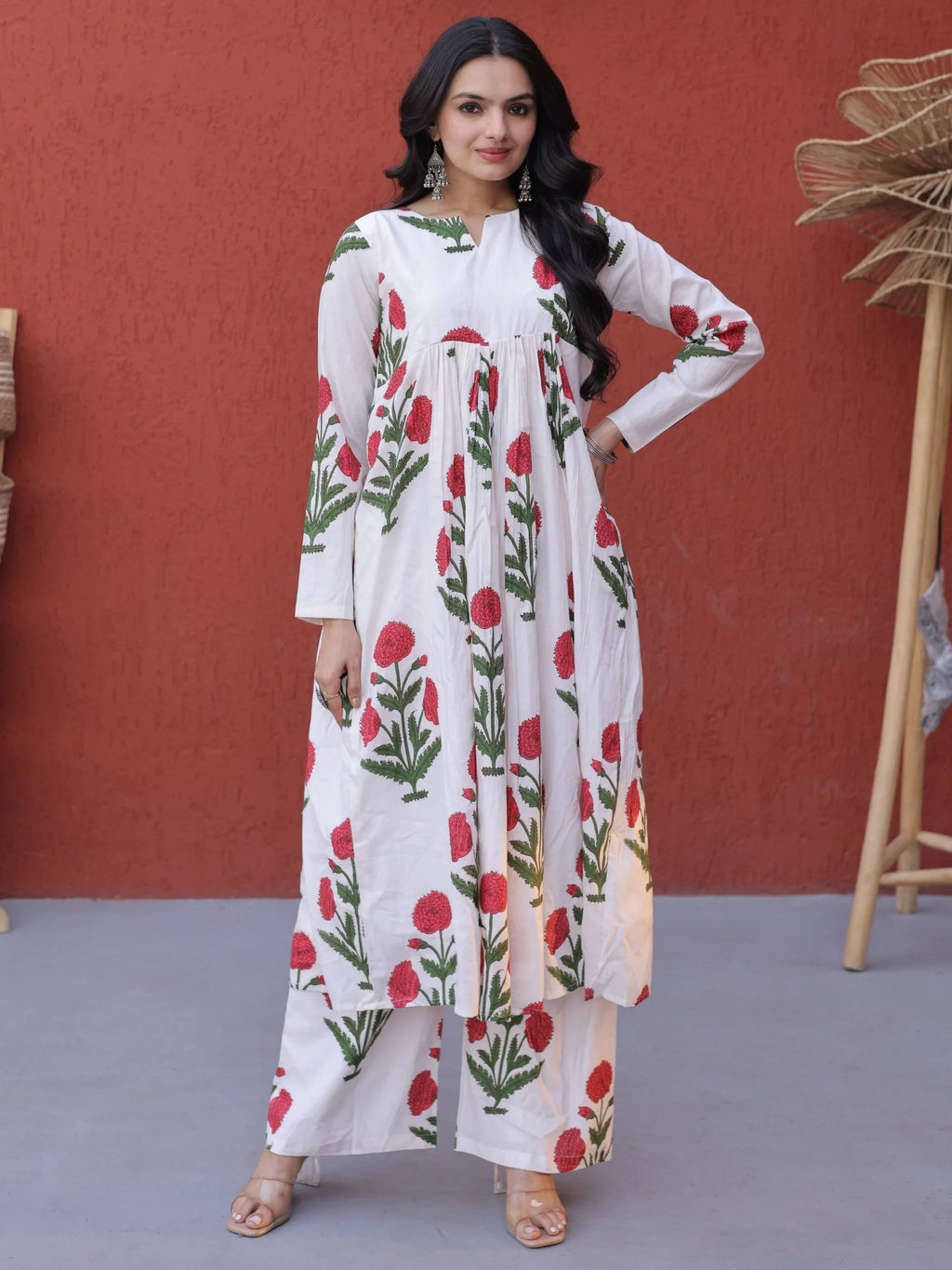 Pink Dazzling Floral Printed Cotton Casual Wear Kurti With Pant