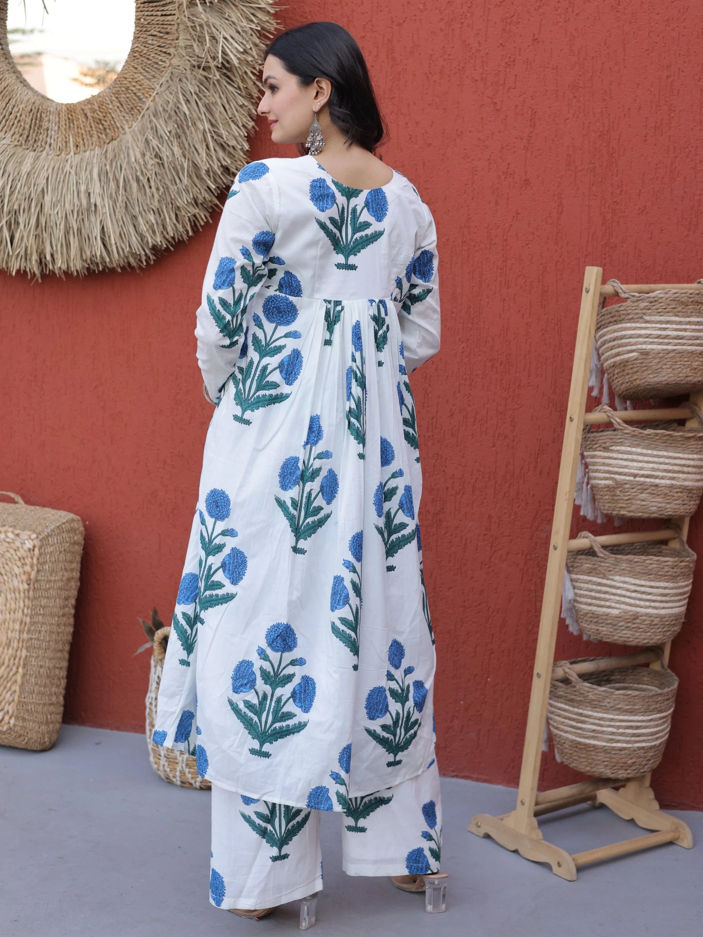 Sky Blue Dazzling Floral Printed Cotton Casual Wear Kurti With Pant