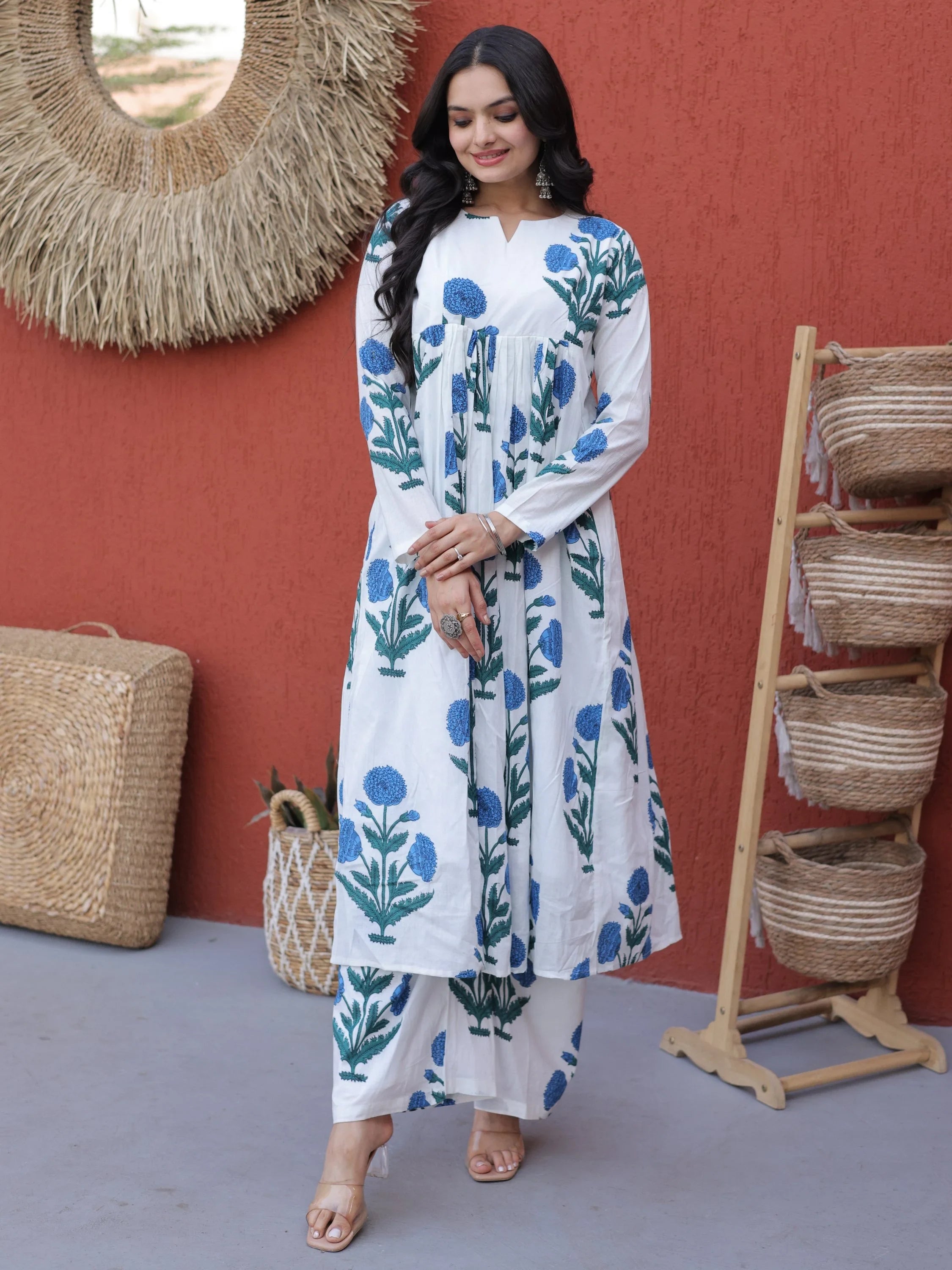 Sky Blue Dazzling Floral Printed Cotton Casual Wear Kurti With Pant