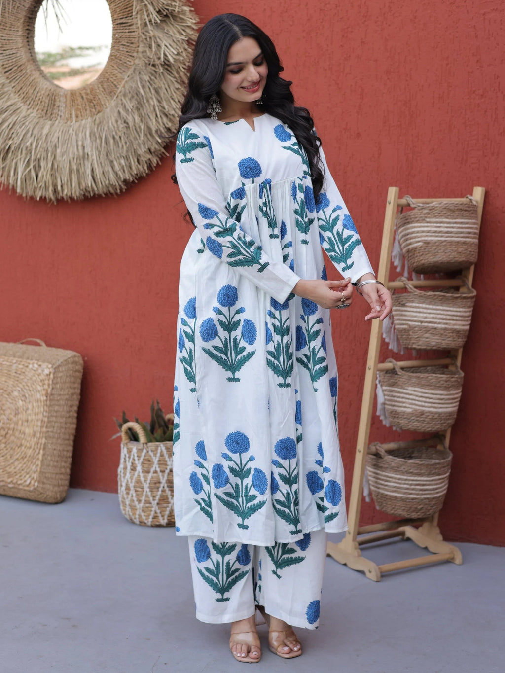 Sky Blue Dazzling Floral Printed Cotton Casual Wear Kurti With Pant