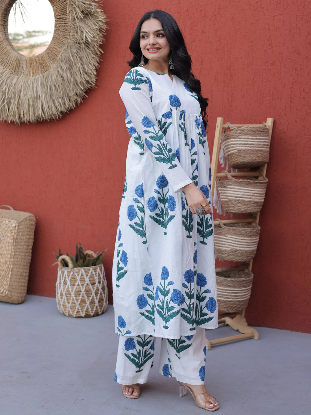 Sky Blue Dazzling Floral Printed Cotton Casual Wear Kurti With Pant