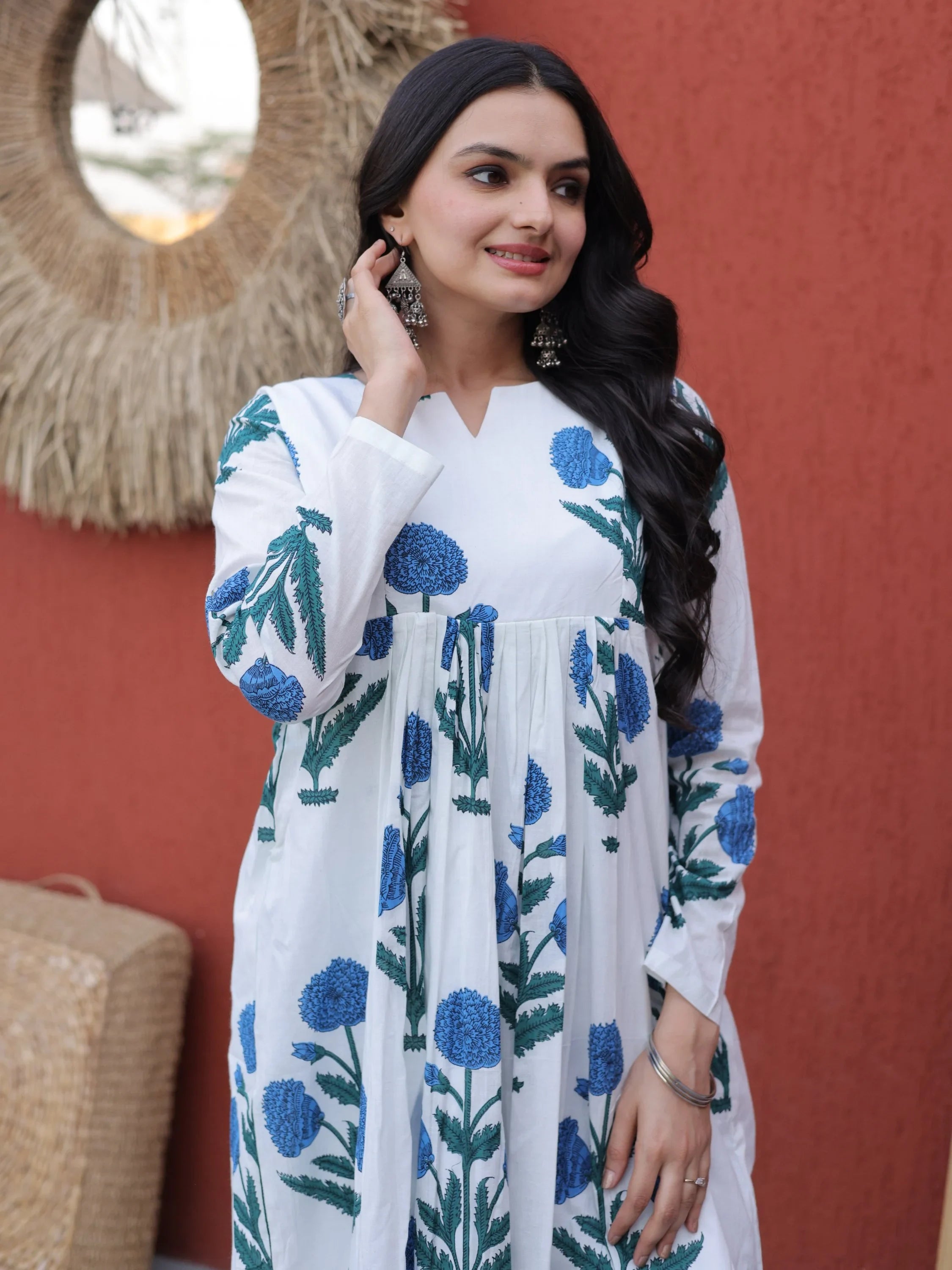 Sky Blue Dazzling Floral Printed Cotton Casual Wear Kurti With Pant