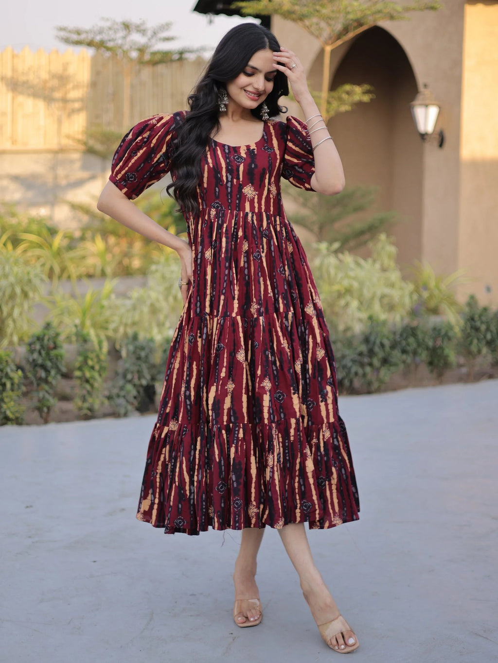 Fantastic Maroon Printed Cotton Casual Wear Dress
