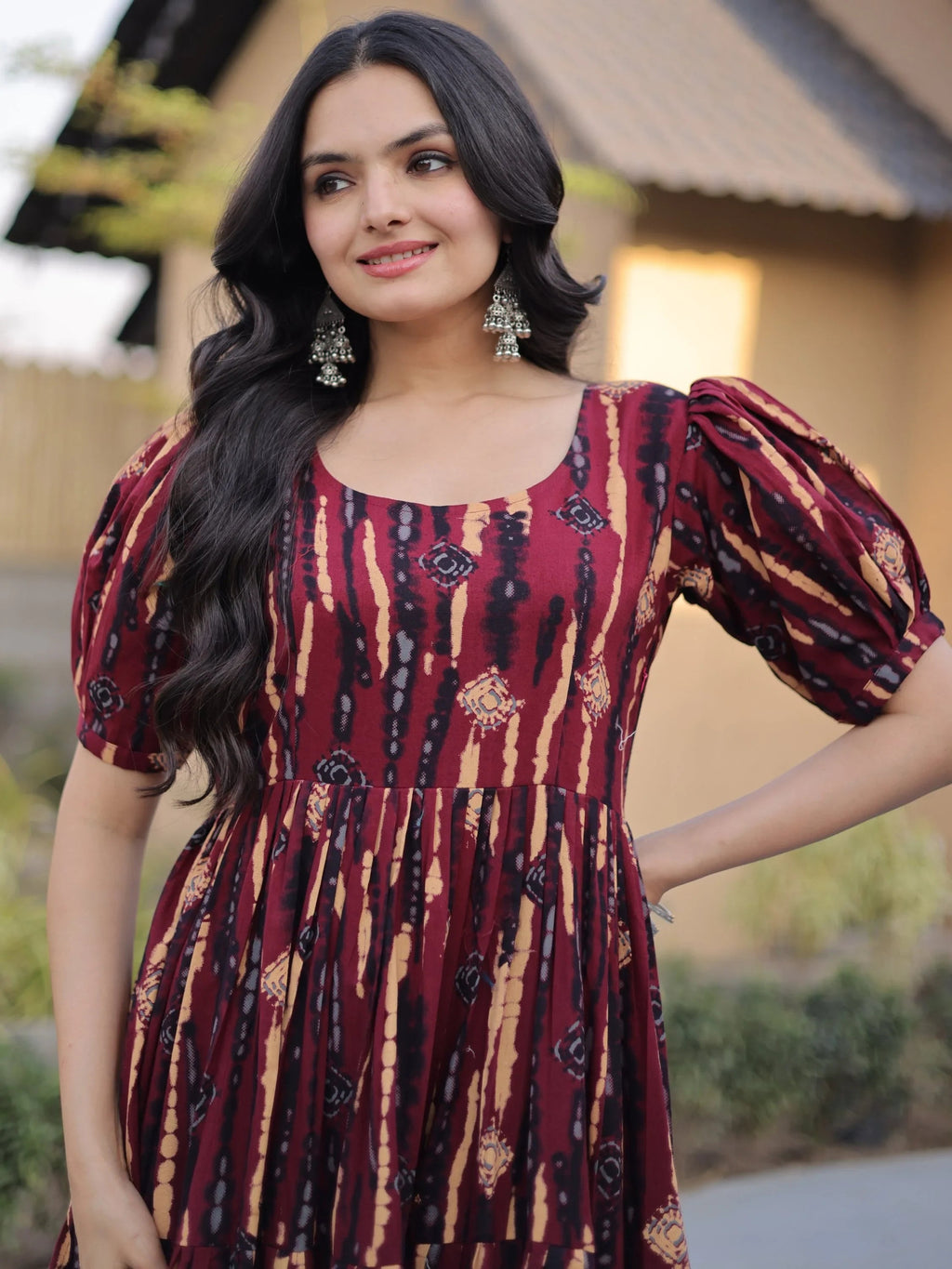 Fantastic Maroon Printed Cotton Casual Wear Dress