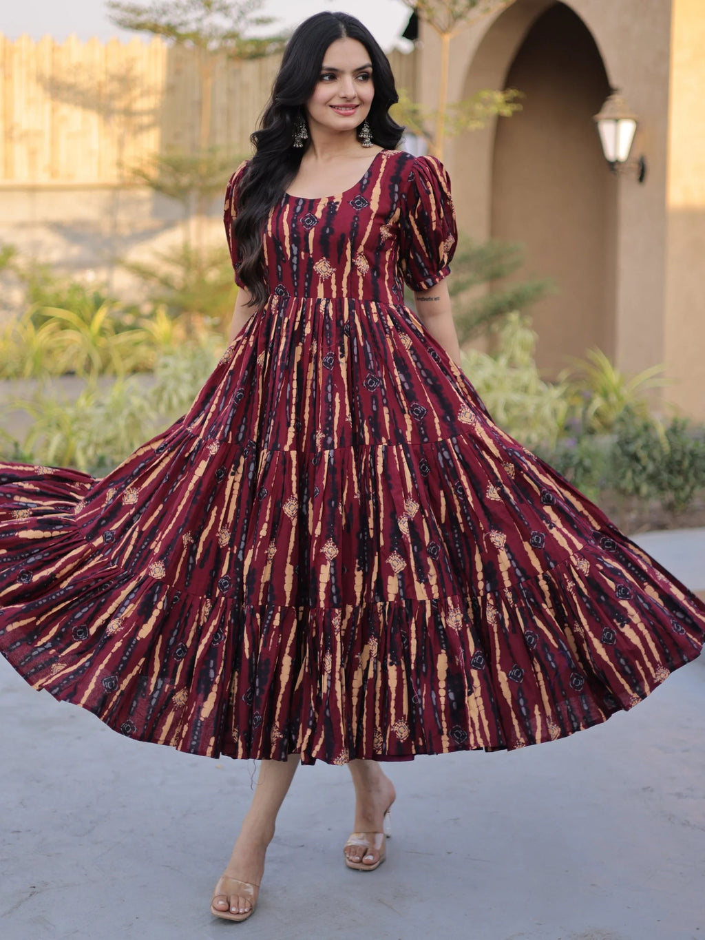 Fantastic Maroon Printed Cotton Casual Wear Dress