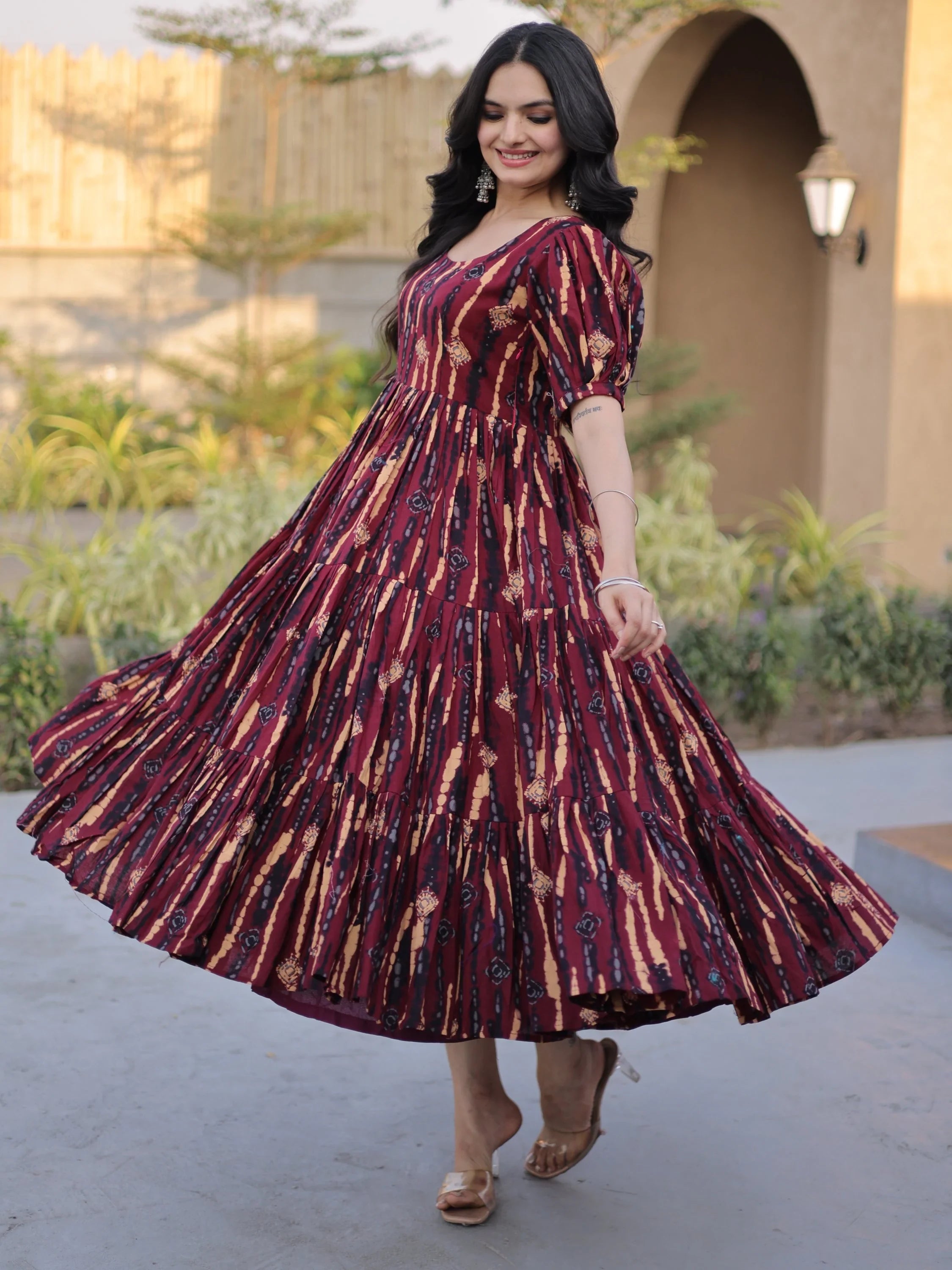Fantastic Maroon Printed Cotton Casual Wear Dress