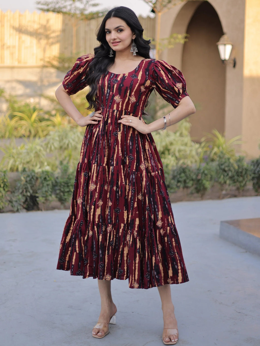 Fantastic Maroon Printed Cotton Casual Wear Dress