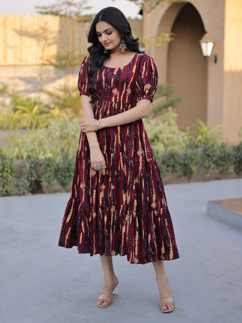 Fantastic Maroon Printed Cotton Casual Wear Dress