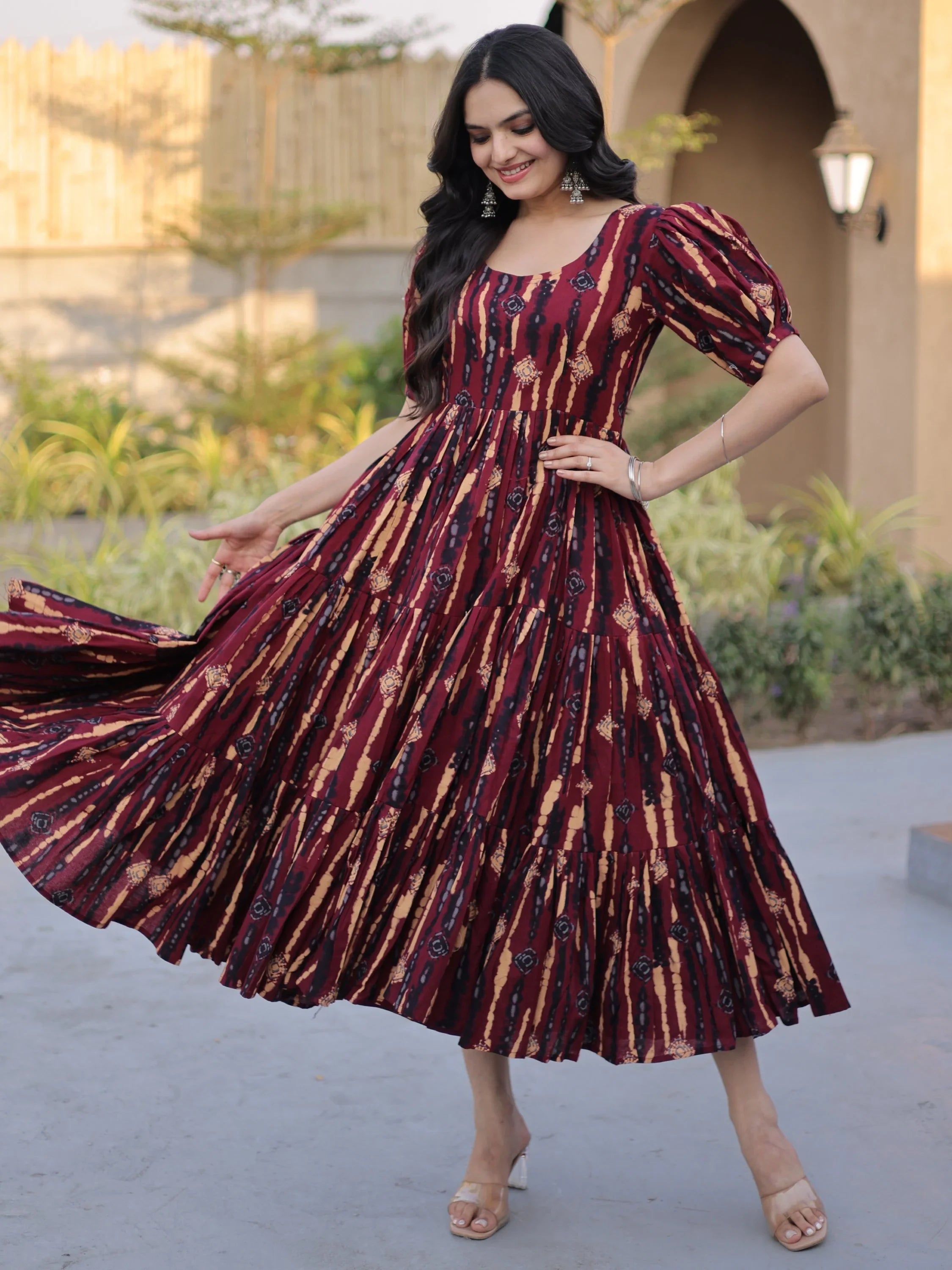 Fantastic Maroon Printed Cotton Casual Wear Dress