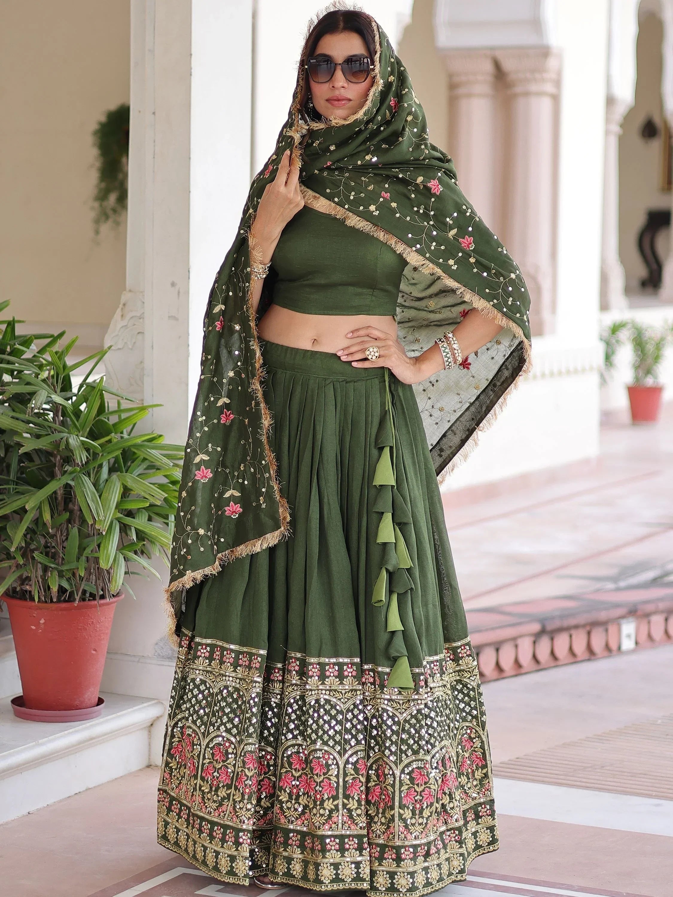 Green Stunning Heavy Sequins Embroidered Silk Festive Wear Lehenga Choli