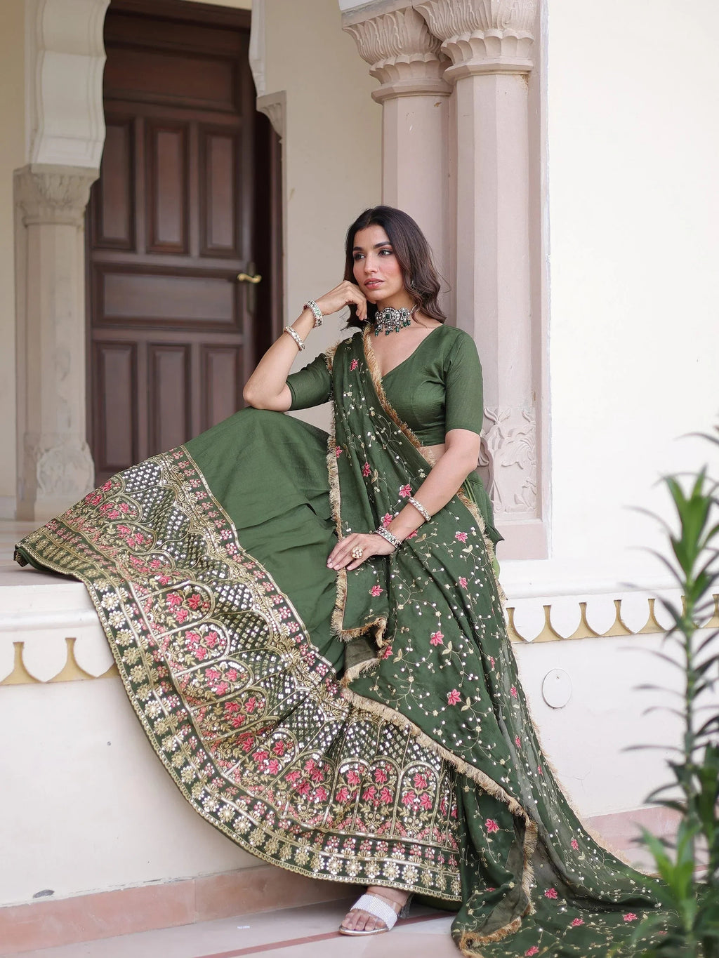 Green Stunning Heavy Sequins Embroidered Silk Festive Wear Lehenga Choli