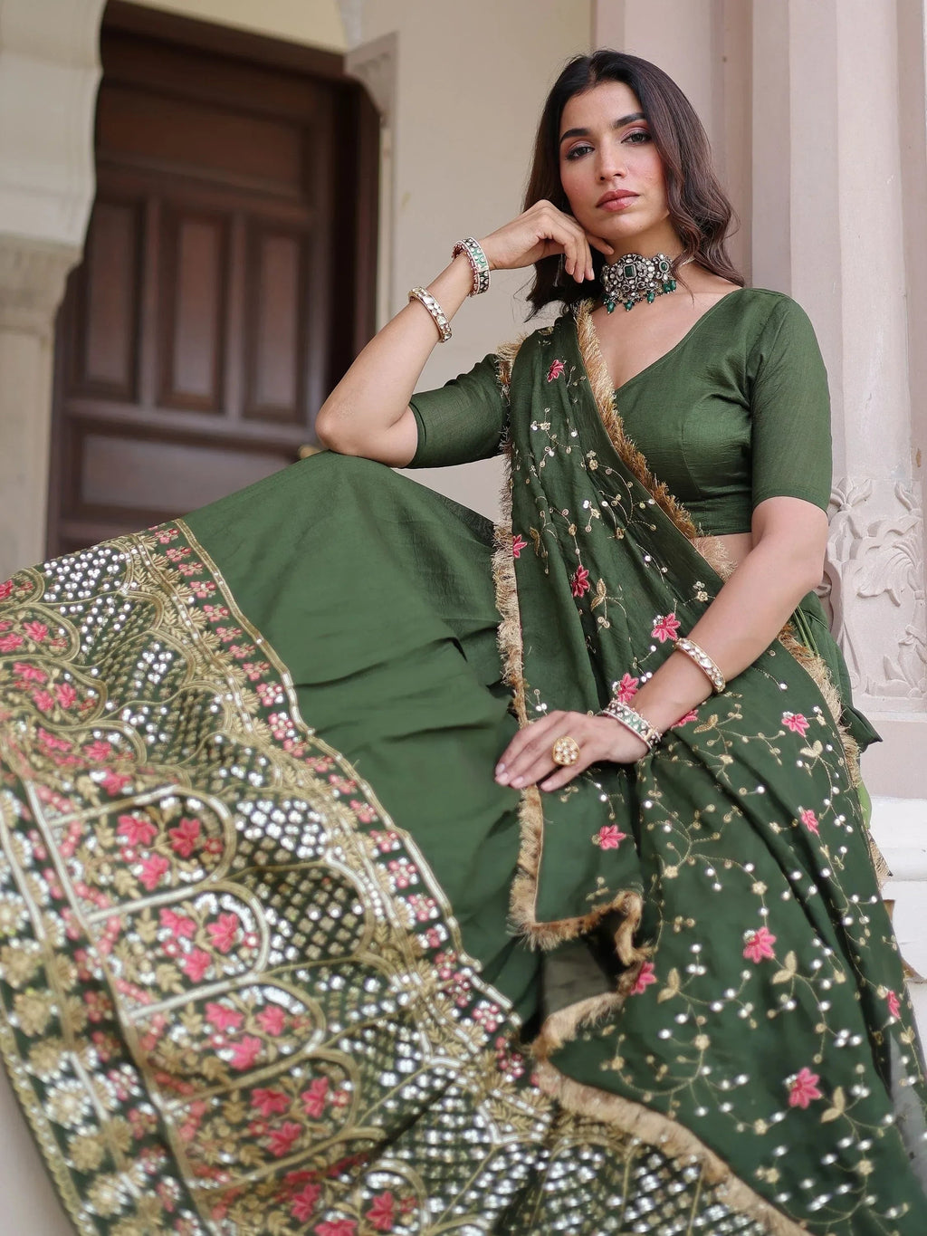 Green Stunning Heavy Sequins Embroidered Silk Festive Wear Lehenga Choli