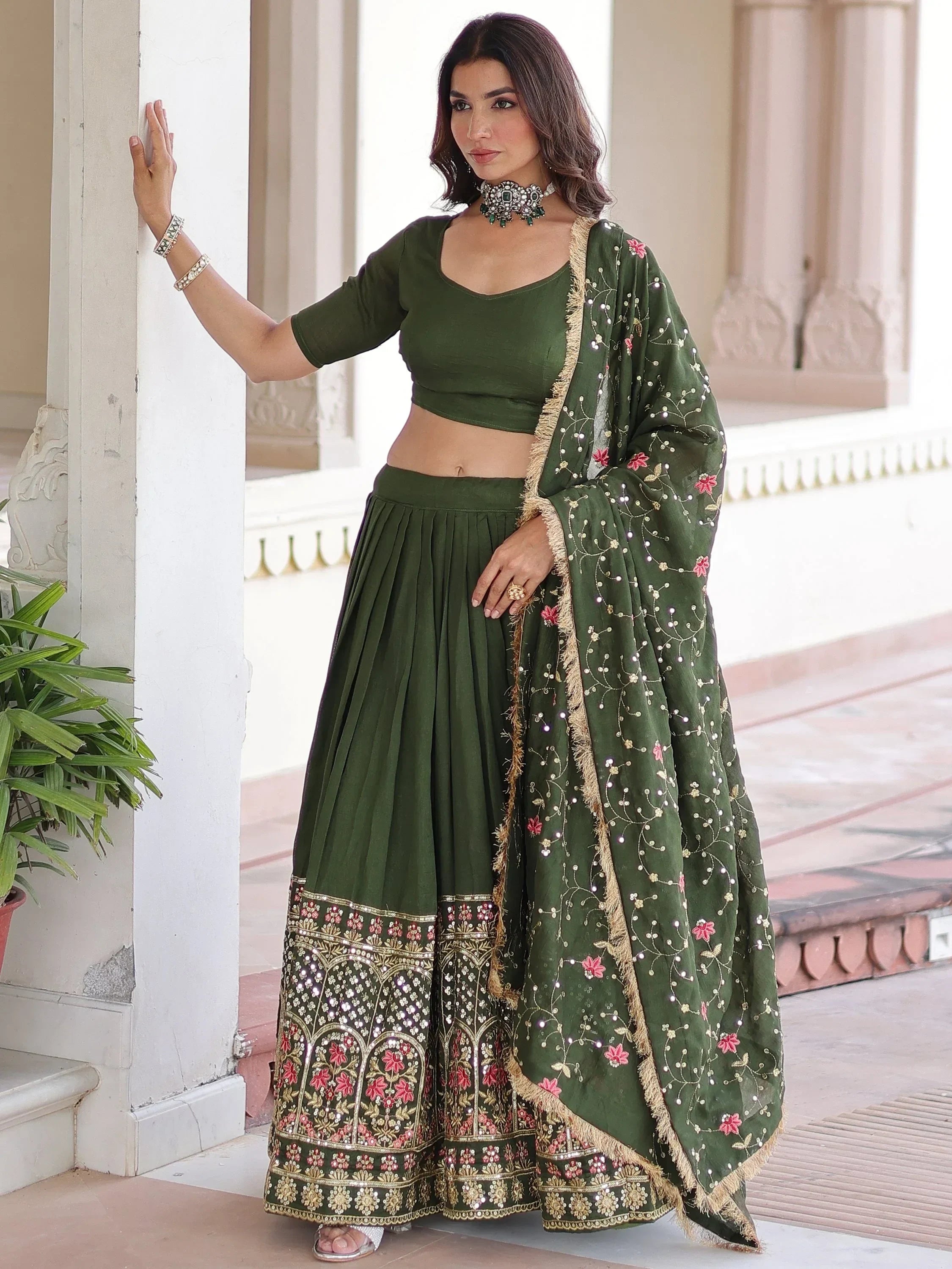 Green Stunning Heavy Sequins Embroidered Silk Festive Wear Lehenga Choli