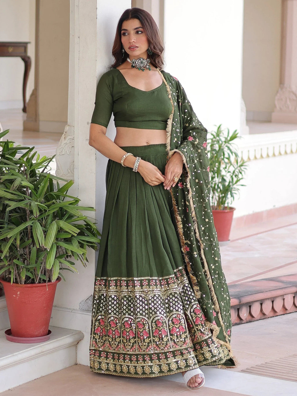 Green Stunning Heavy Sequins Embroidered Silk Festive Wear Lehenga Choli