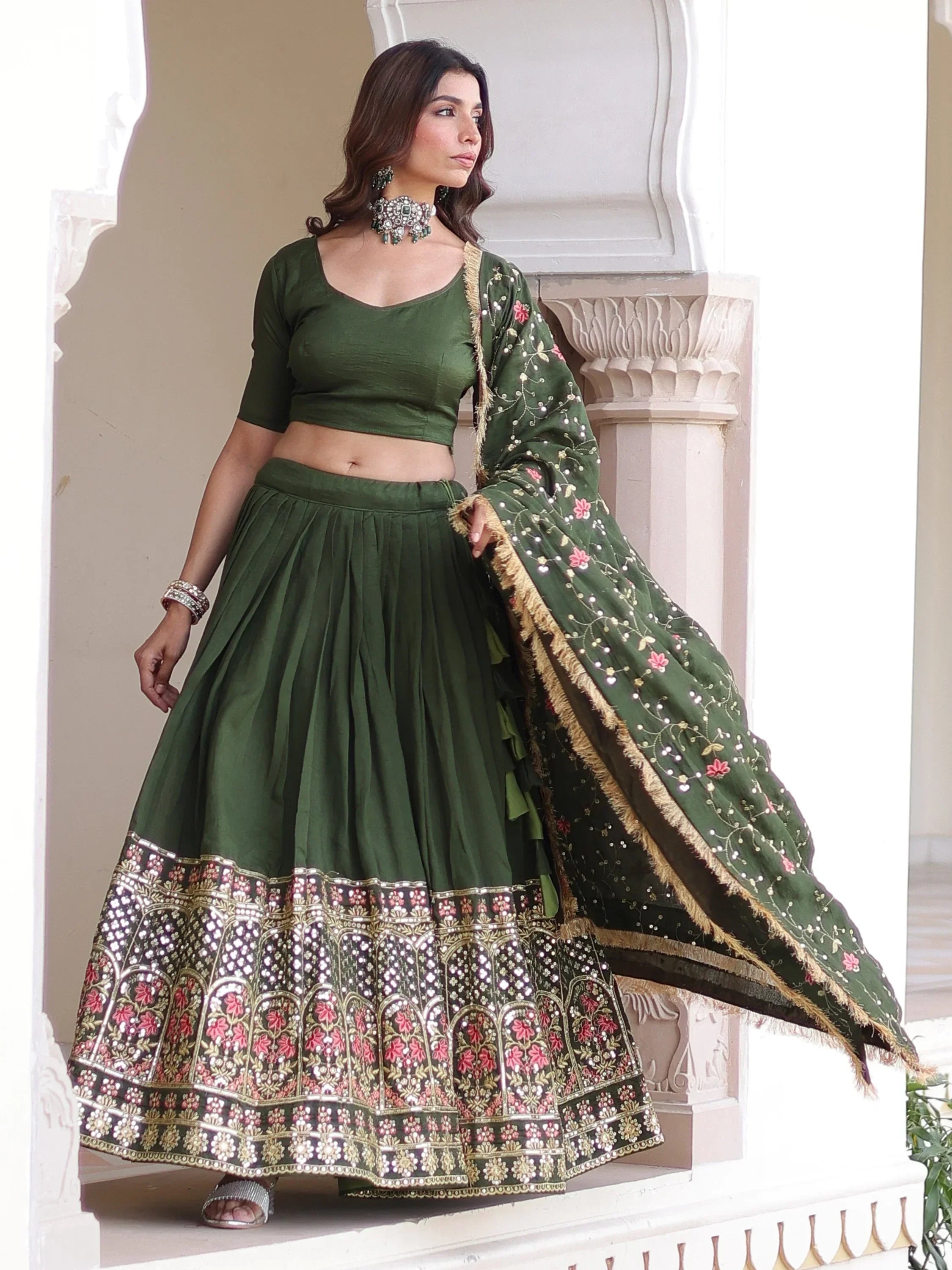 Green Stunning Heavy Sequins Embroidered Silk Festive Wear Lehenga Choli