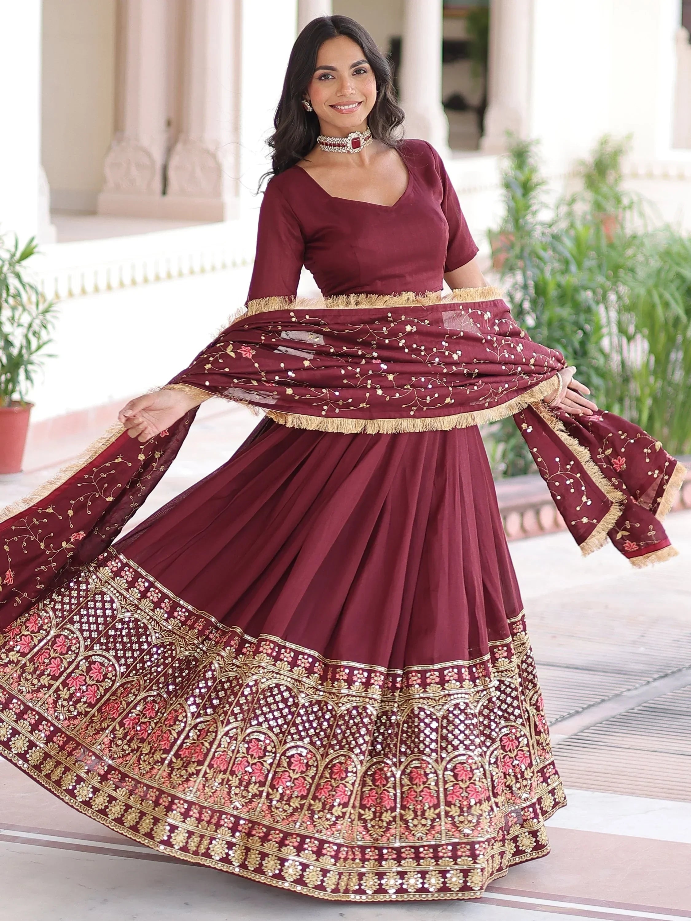 Maroon Stunning Heavy Sequins Embroidered Silk Festive Wear Lehenga Choli