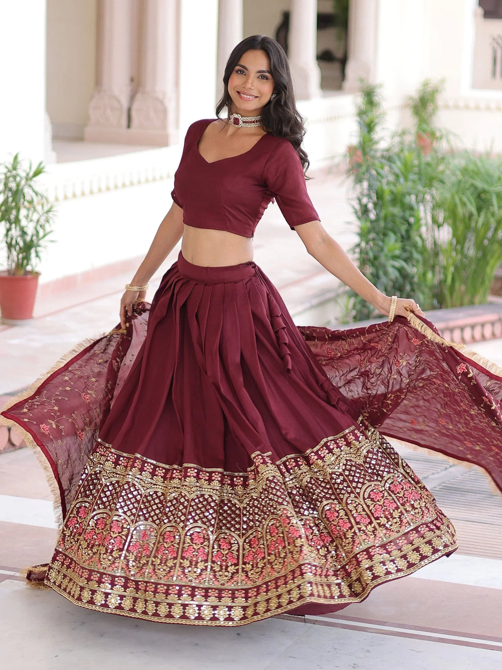 Maroon Stunning Heavy Sequins Embroidered Silk Festive Wear Lehenga Choli