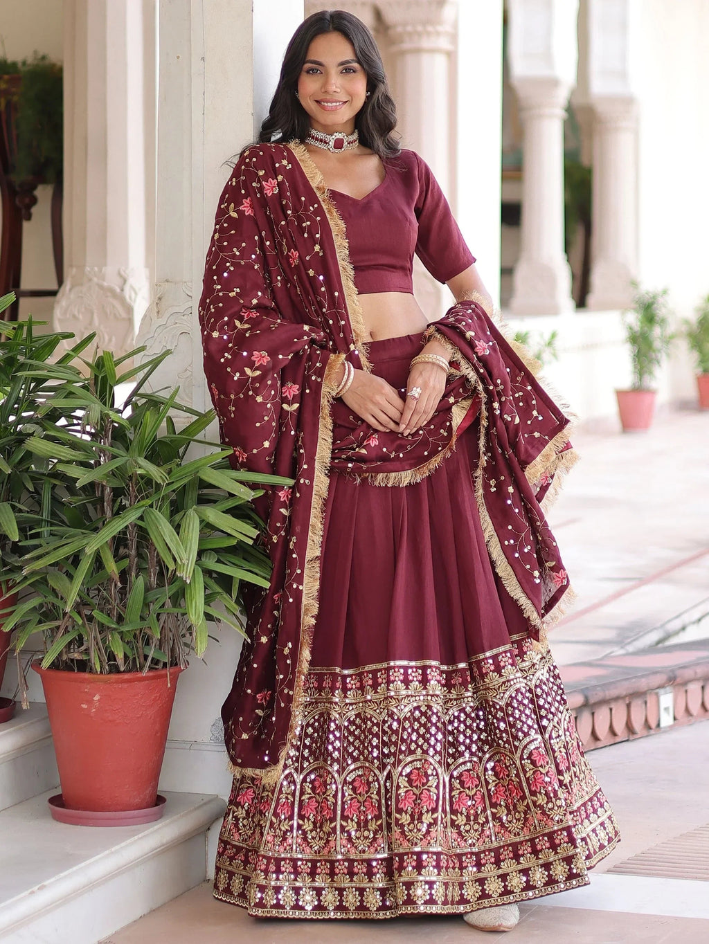 Maroon Stunning Heavy Sequins Embroidered Silk Festive Wear Lehenga Choli