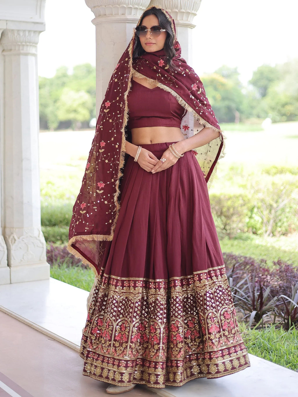 Maroon Stunning Heavy Sequins Embroidered Silk Festive Wear Lehenga Choli