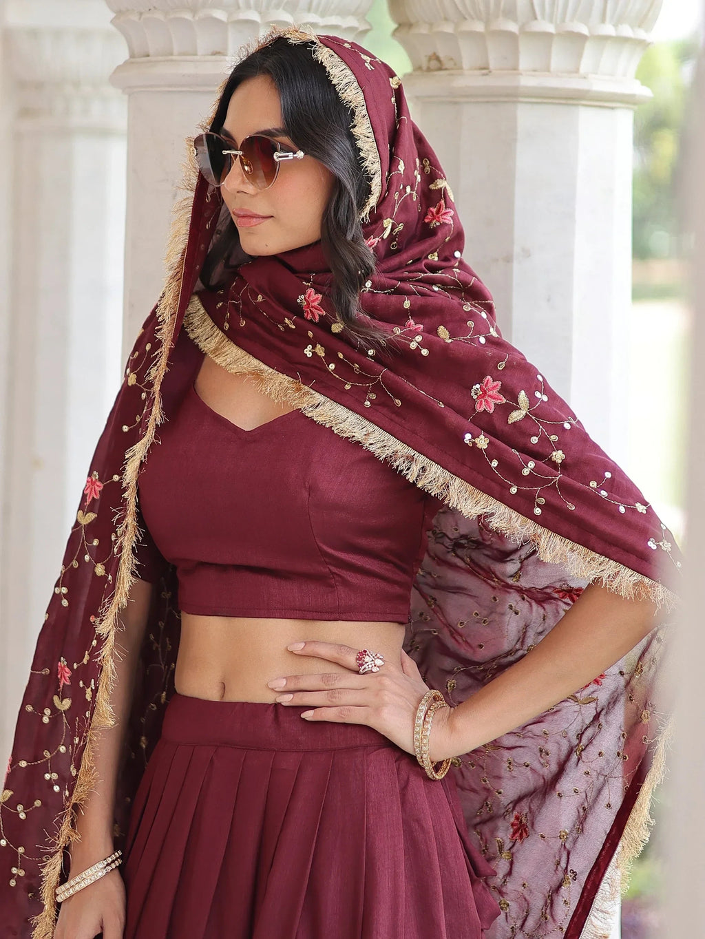 Maroon Stunning Heavy Sequins Embroidered Silk Festive Wear Lehenga Choli