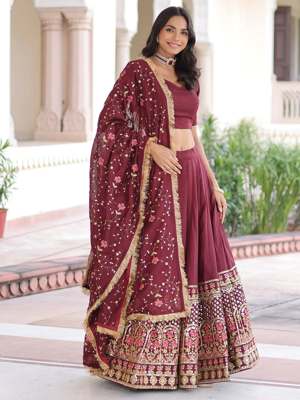 Maroon Stunning Heavy Sequins Embroidered Silk Festive Wear Lehenga Choli