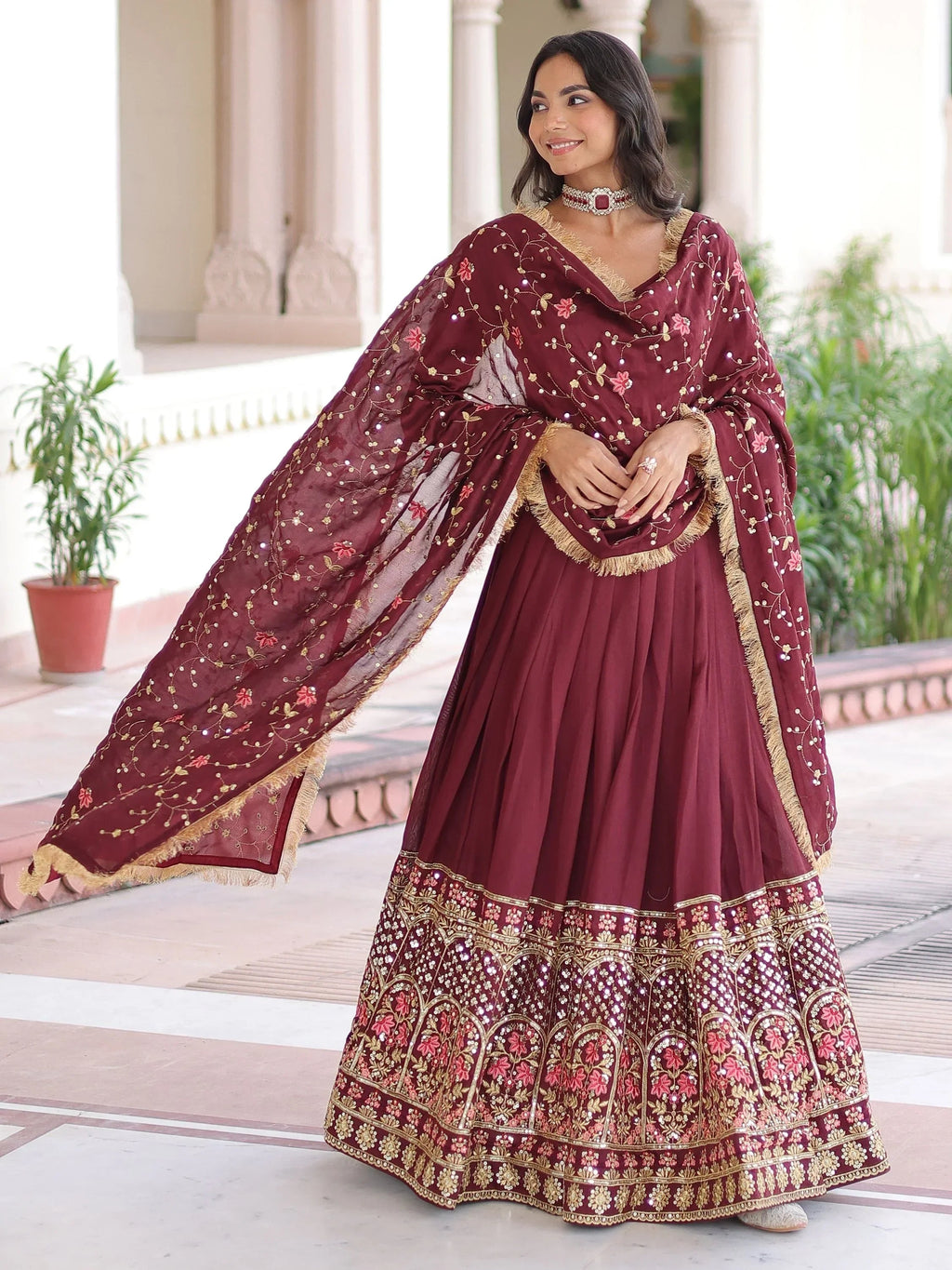 Maroon Stunning Heavy Sequins Embroidered Silk Festive Wear Lehenga Choli
