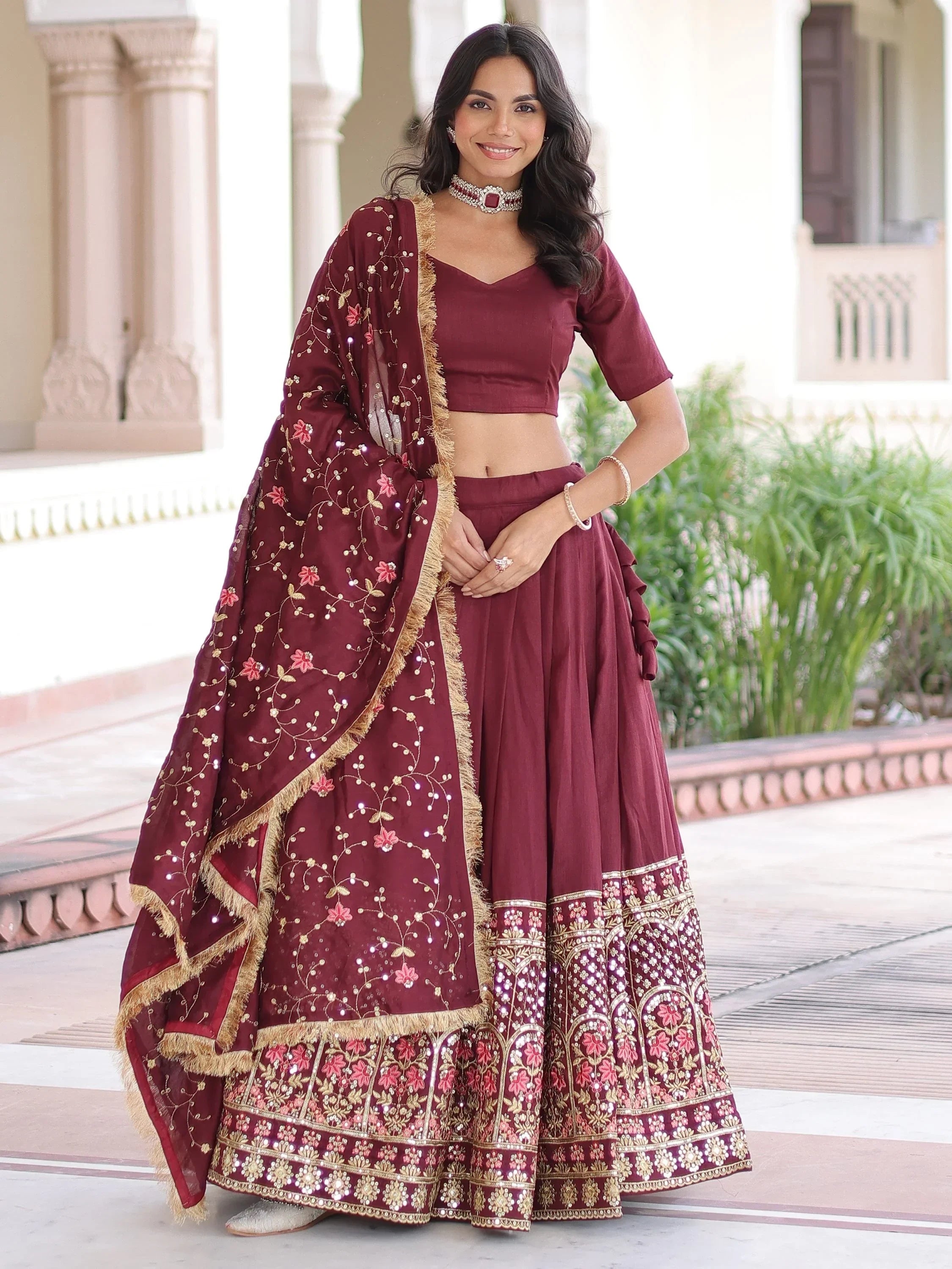 Maroon Stunning Heavy Sequins Embroidered Silk Festive Wear Lehenga Choli