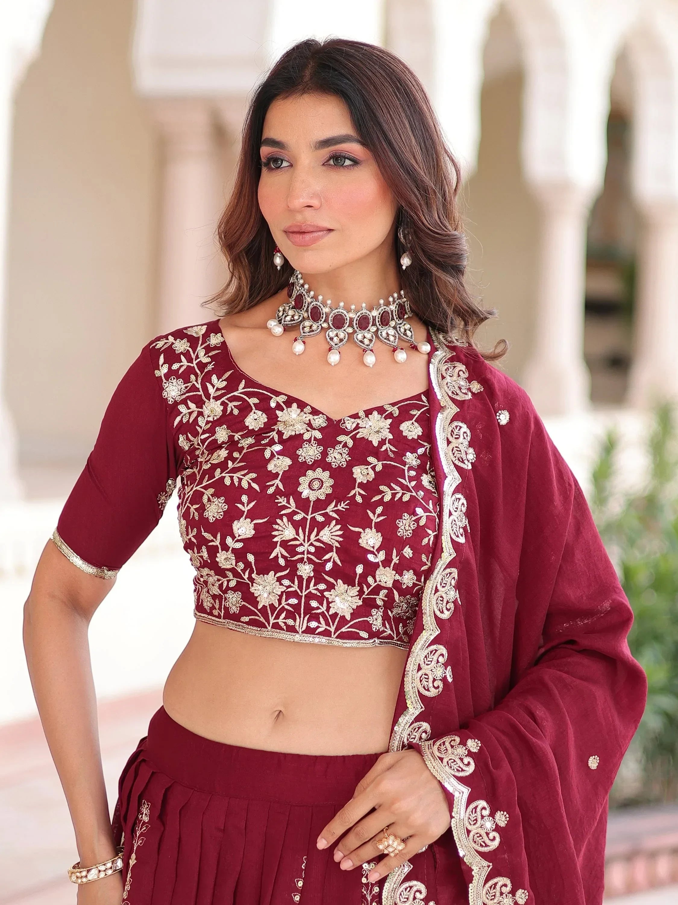 Attractive Maroon Heavy Sequins Silk Festive Wear Lehenga Choli